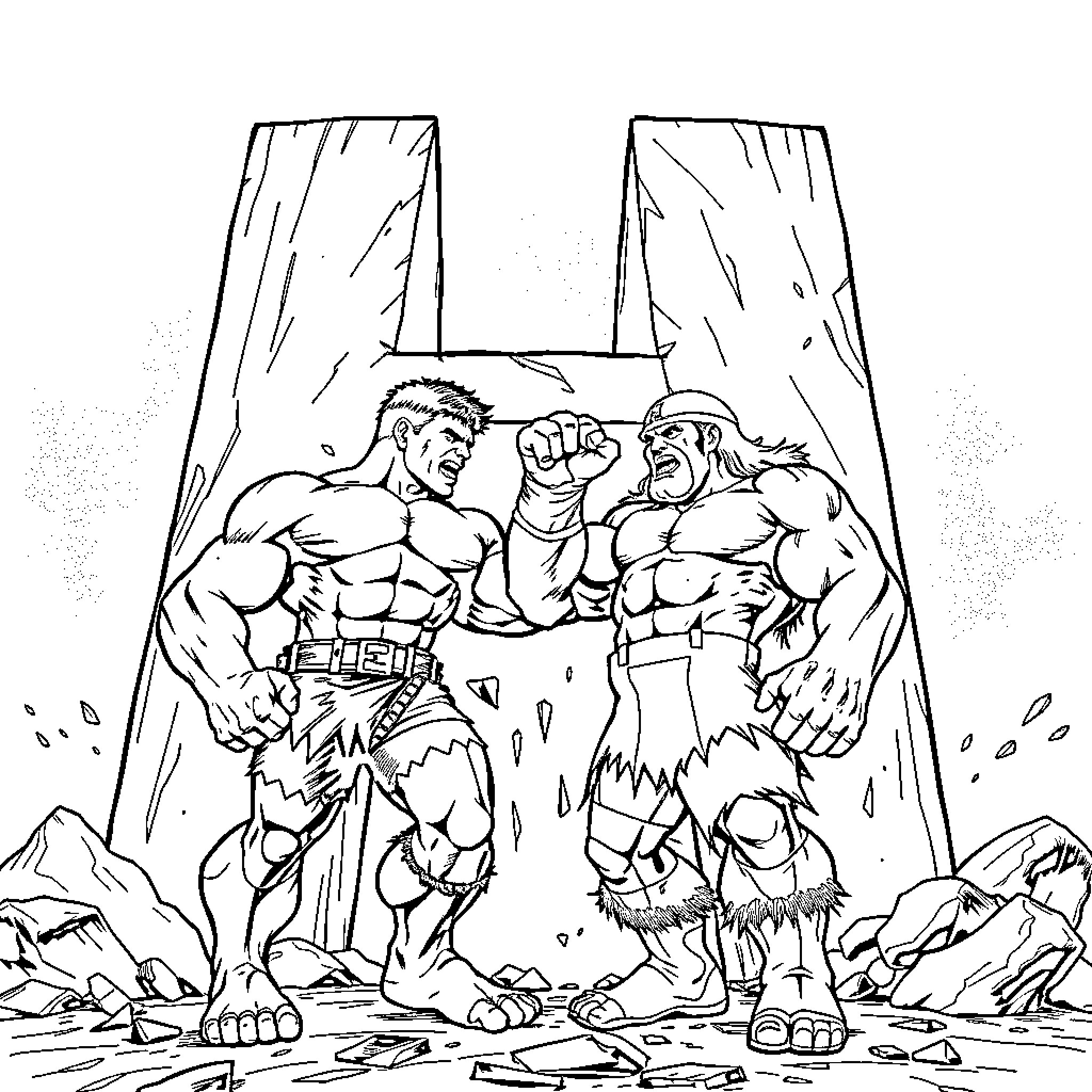 Hulk Fierce Showdown between Muscular Opponents Coloring Page (free black-and-white line drawing printable PDF for all, from beginners to advanced learners, including children, teens, adults, and seniors)