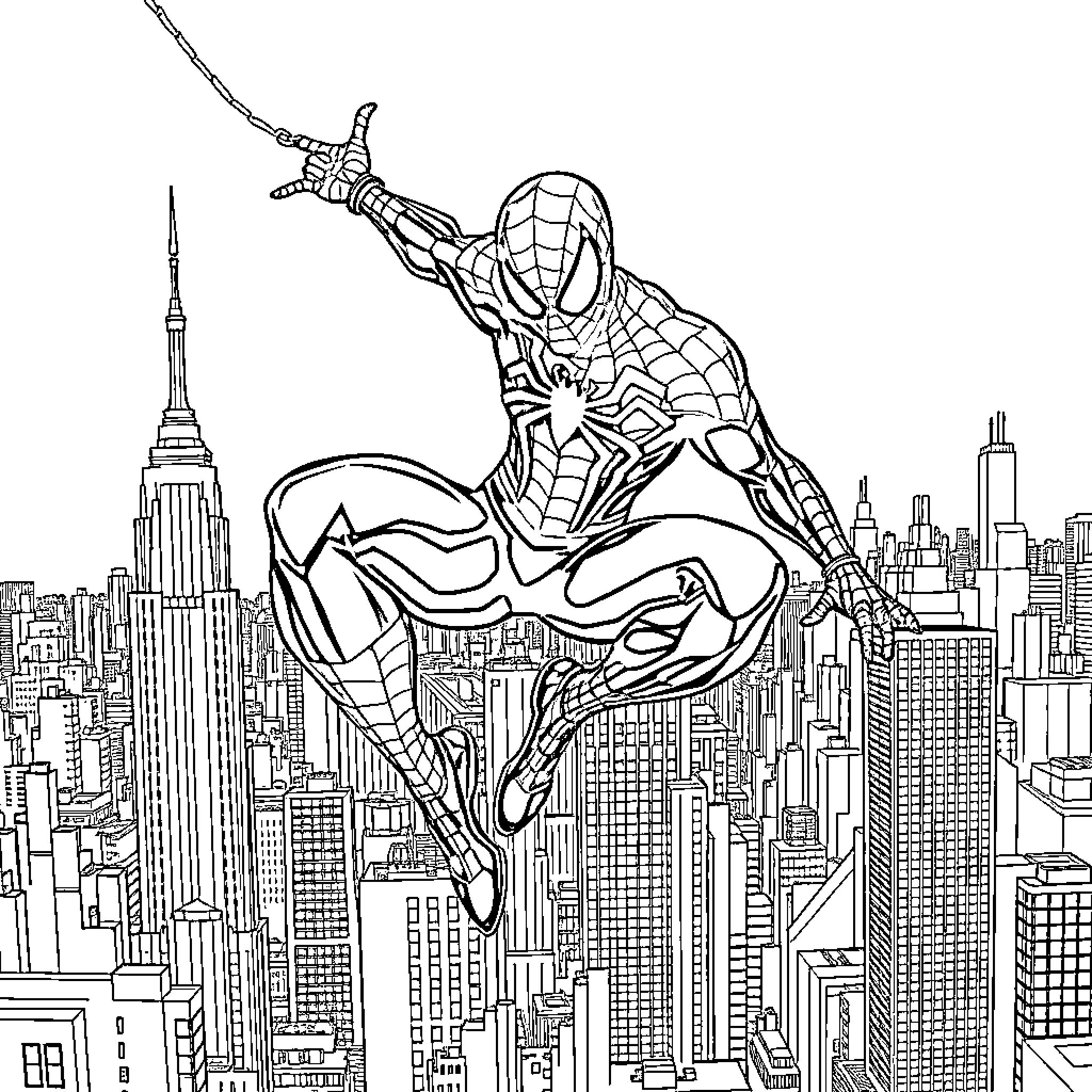 Spiderman swinging heroically through the city skyline Coloring Page (free black-and-white line drawing printable PDF for all, from beginners to advanced learners, including children, teens, adults, and seniors)