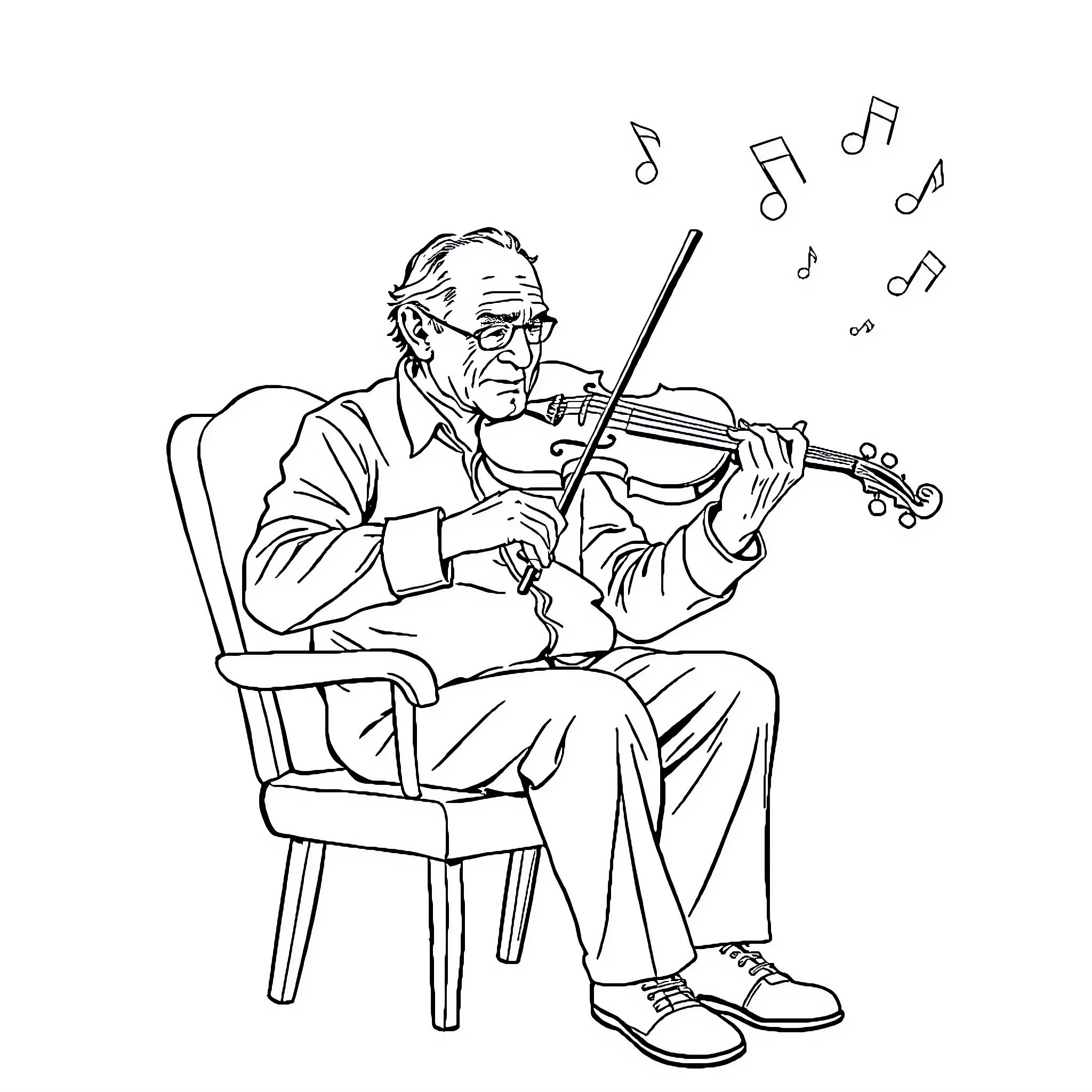 Violin performance by elderly musician Coloring Page (free black-and-white line drawing printable PDF for all, from beginners to advanced learners, including children, teens, adults, and seniors)