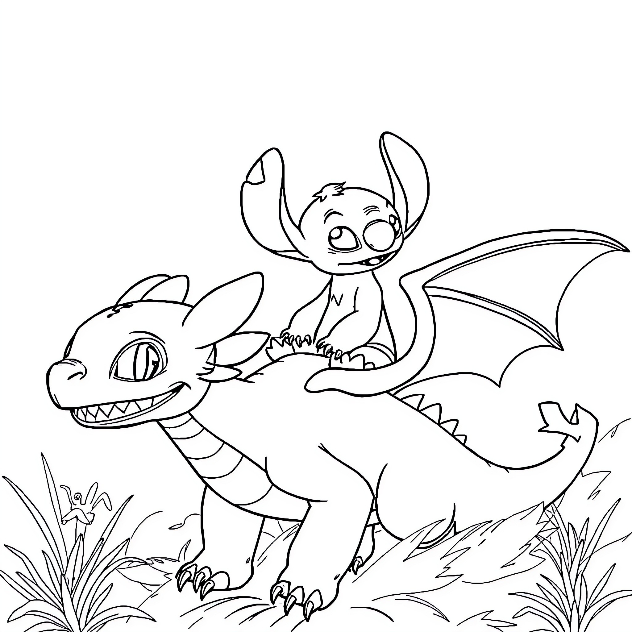 Stitch riding a playful dragon in the wild Coloring Page (free black-and-white line drawing printable PDF for all, from beginners to advanced learners, including children, teens, adults, and seniors)
