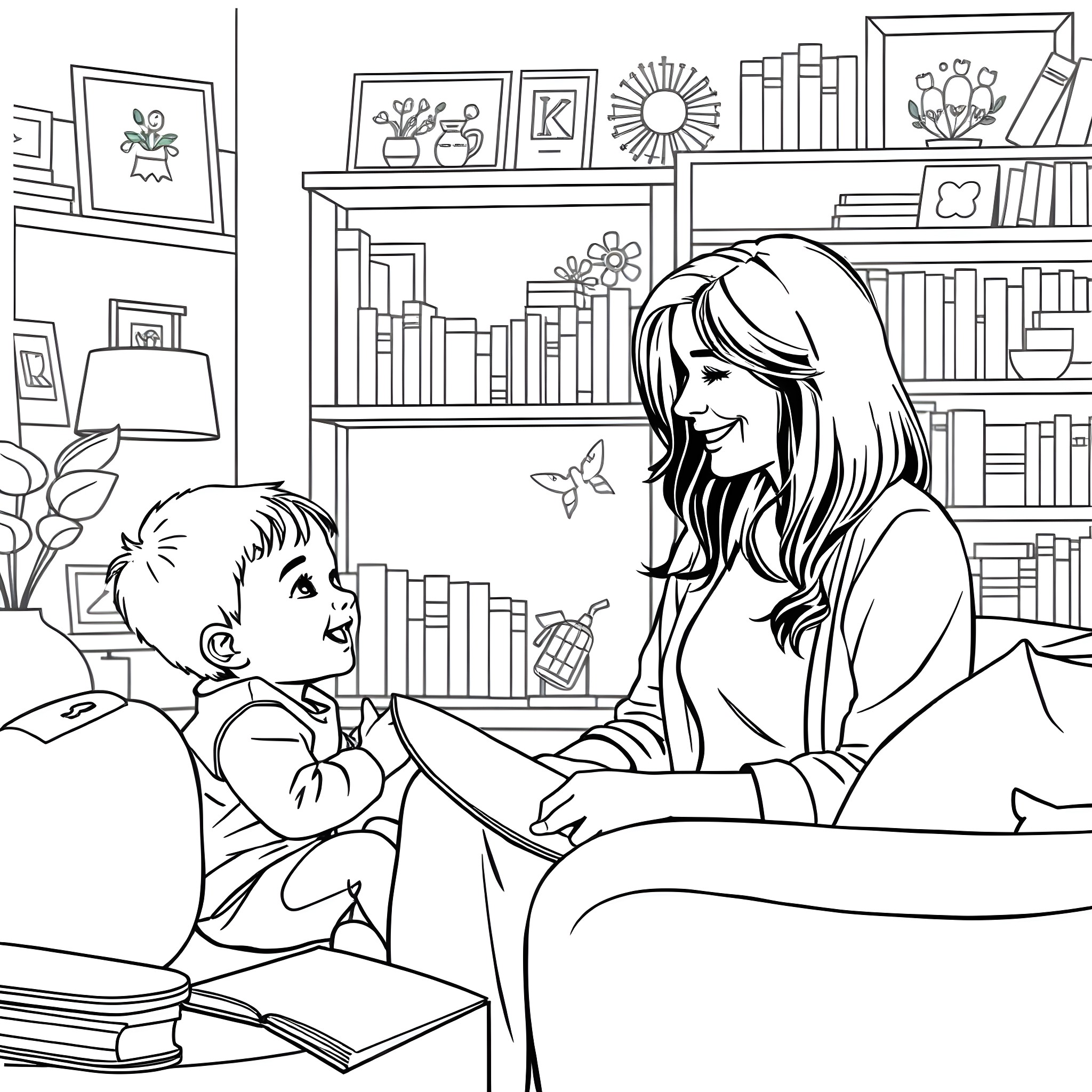Mum and child having a moment in the reading nook Coloring Page (free black-and-white line drawing printable PDF for all, from beginners to advanced learners, including children, teens, adults, and seniors)