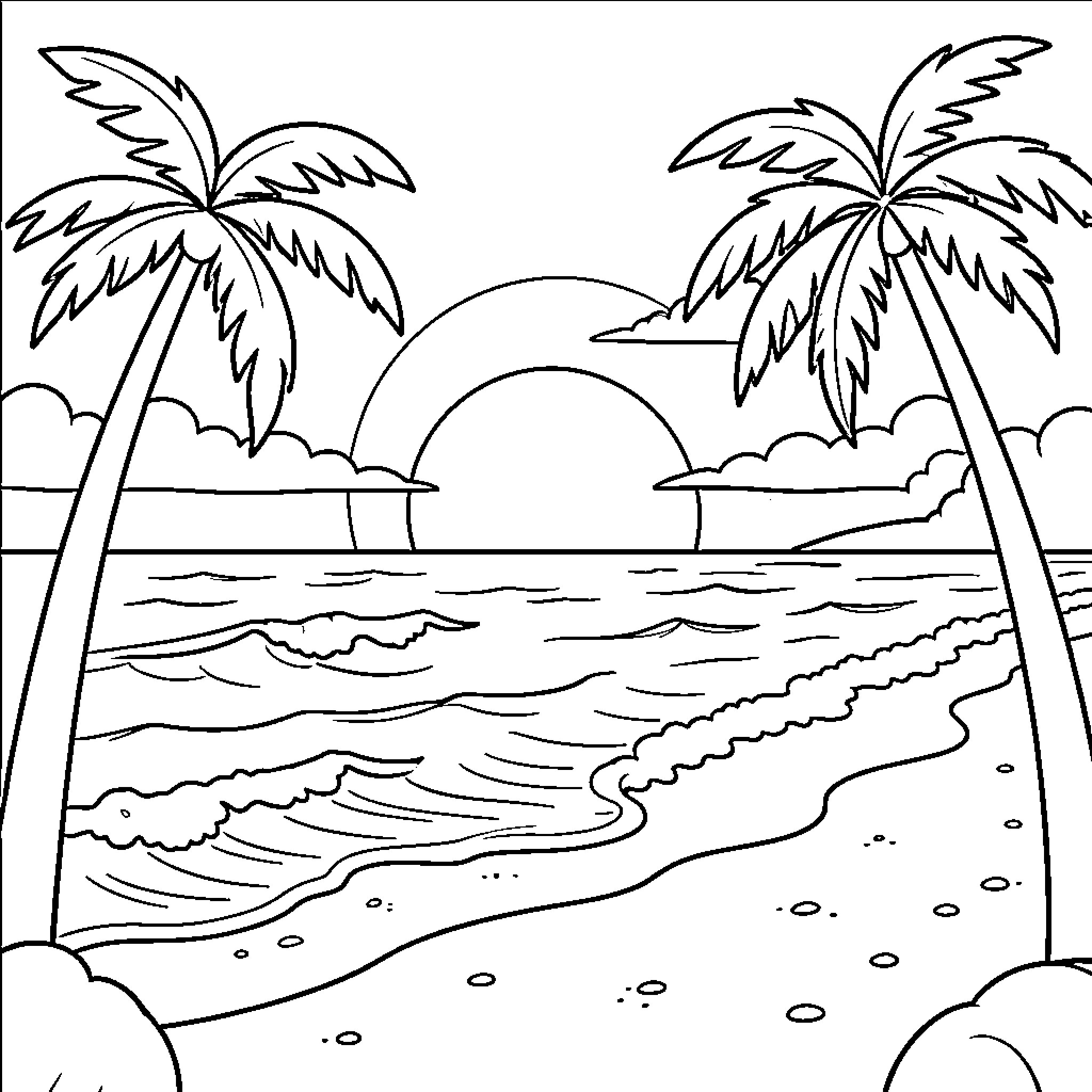 Beach scene with palm trees and ocean waves Coloring Page (free black-and-white line drawing printable PDF for all, from beginners to advanced learners, including children, teens, adults, and seniors)