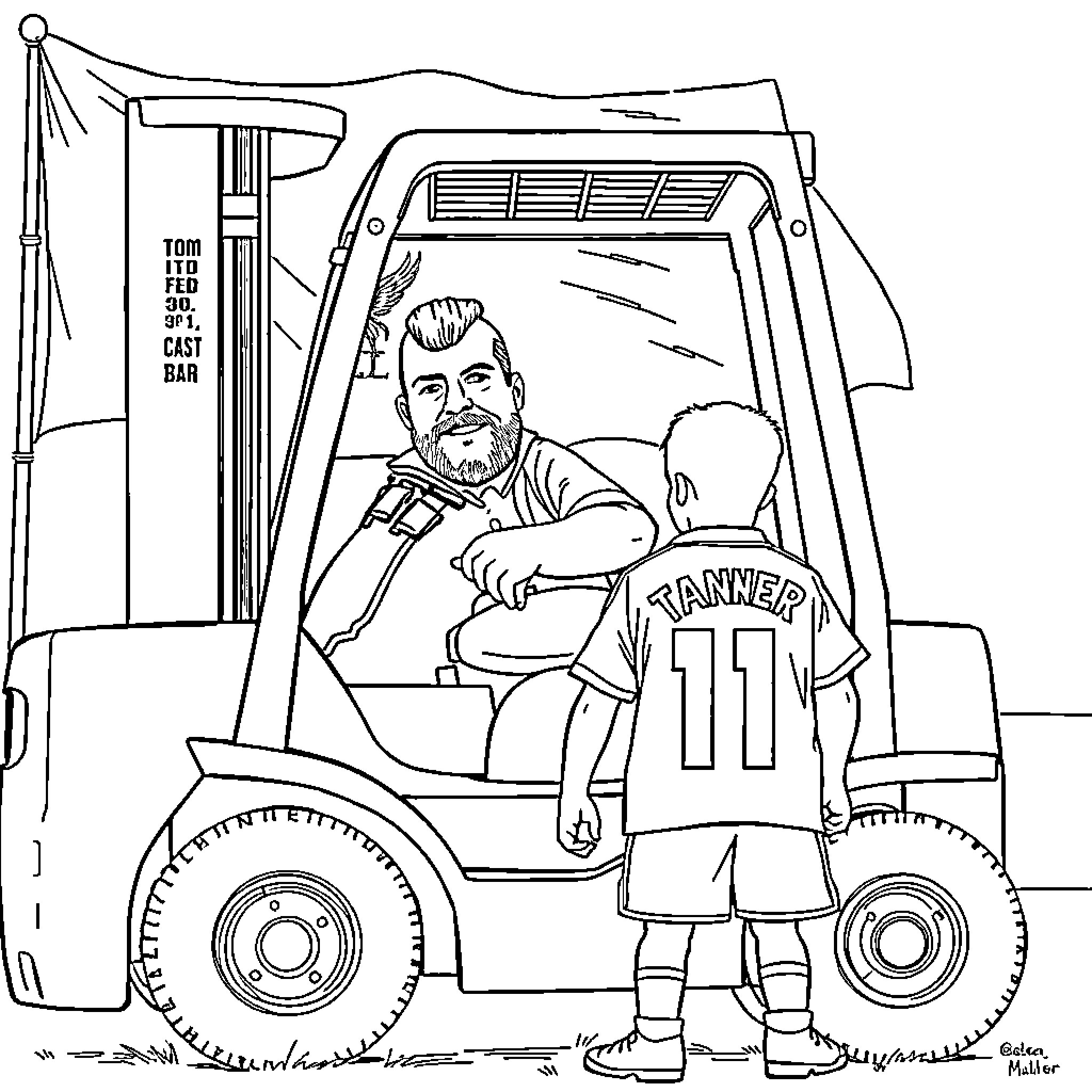Forklift operator with child in front of flag Coloring Page (free black-and-white line drawing printable PDF for all, from beginners to advanced learners, including children, teens, adults, and seniors)