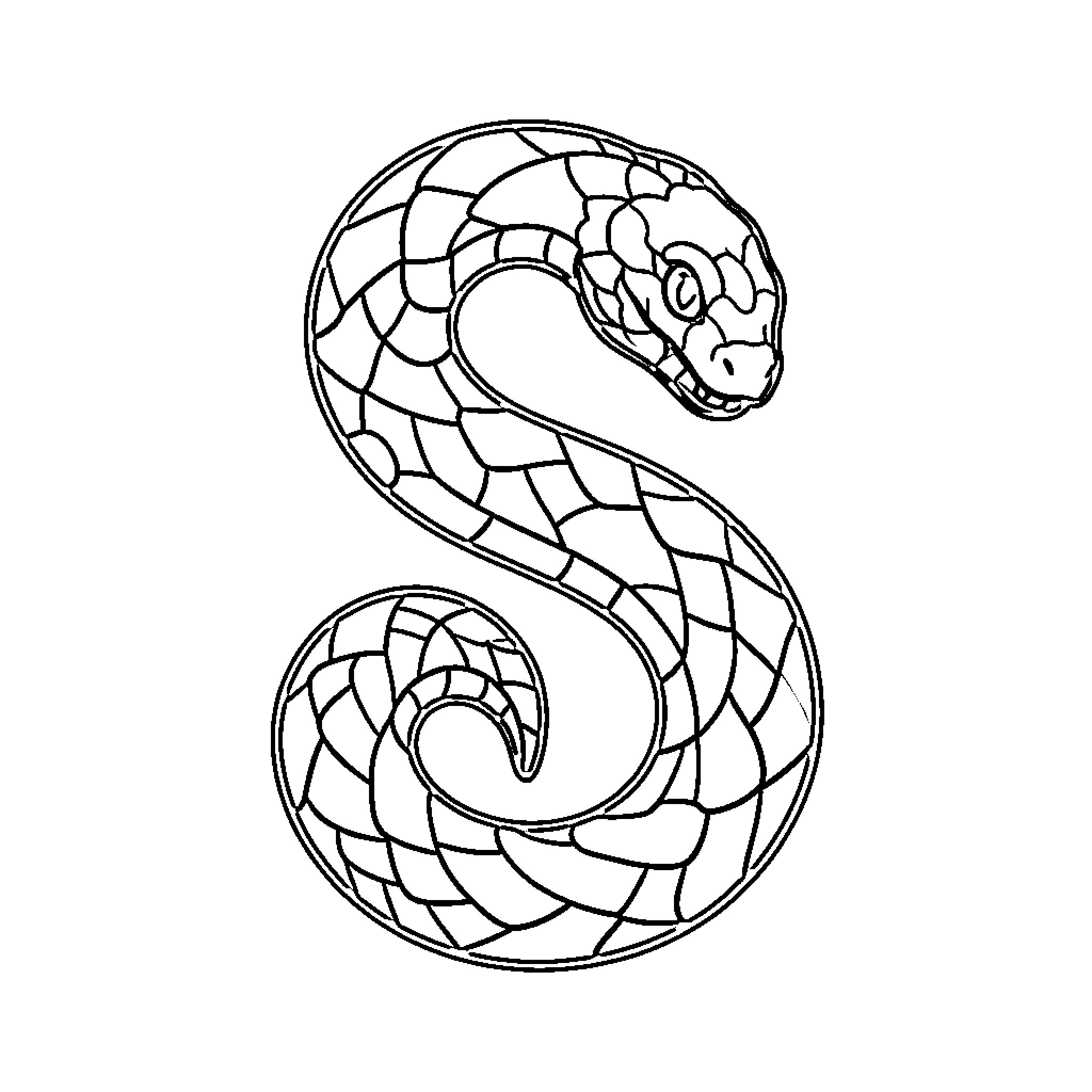Sinuous snake slithering in stained glass Coloring Page (free black-and-white line drawing printable PDF for all, from beginners to advanced learners, including children, teens, adults, and seniors)