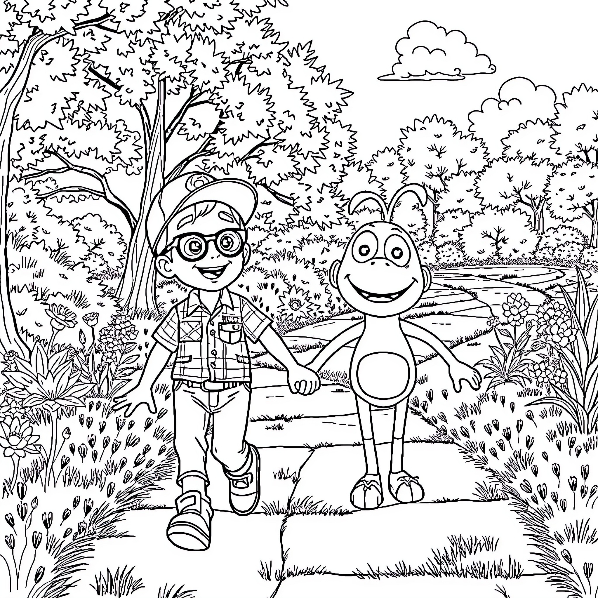Boy and Frog Exploring Colorful Nature Coloring Page (free black-and-white line drawing printable PDF for all, from beginners to advanced learners, including children, teens, adults, and seniors)