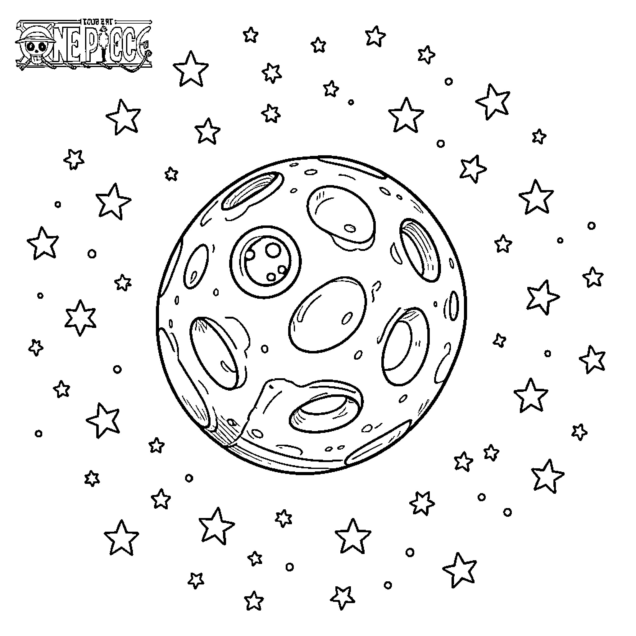 Starry night scene featuring a cratered moon Coloring Page (free black-and-white line drawing printable PDF for all, from beginners to advanced learners, including children, teens, adults, and seniors)