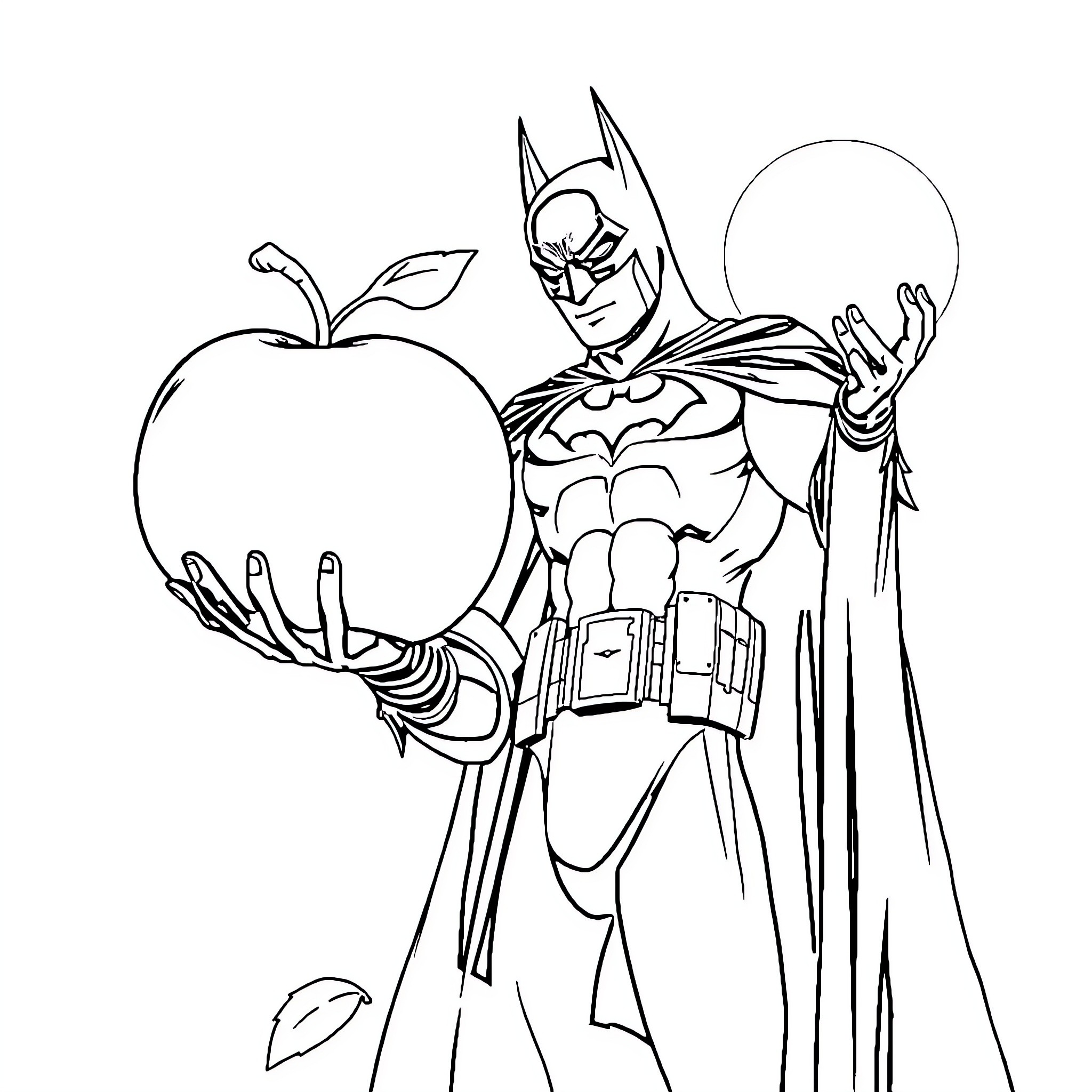 Batman offers a giant apple in the night Coloring Page (free black-and-white line drawing printable PDF for all, from beginners to advanced learners, including children, teens, adults, and seniors)