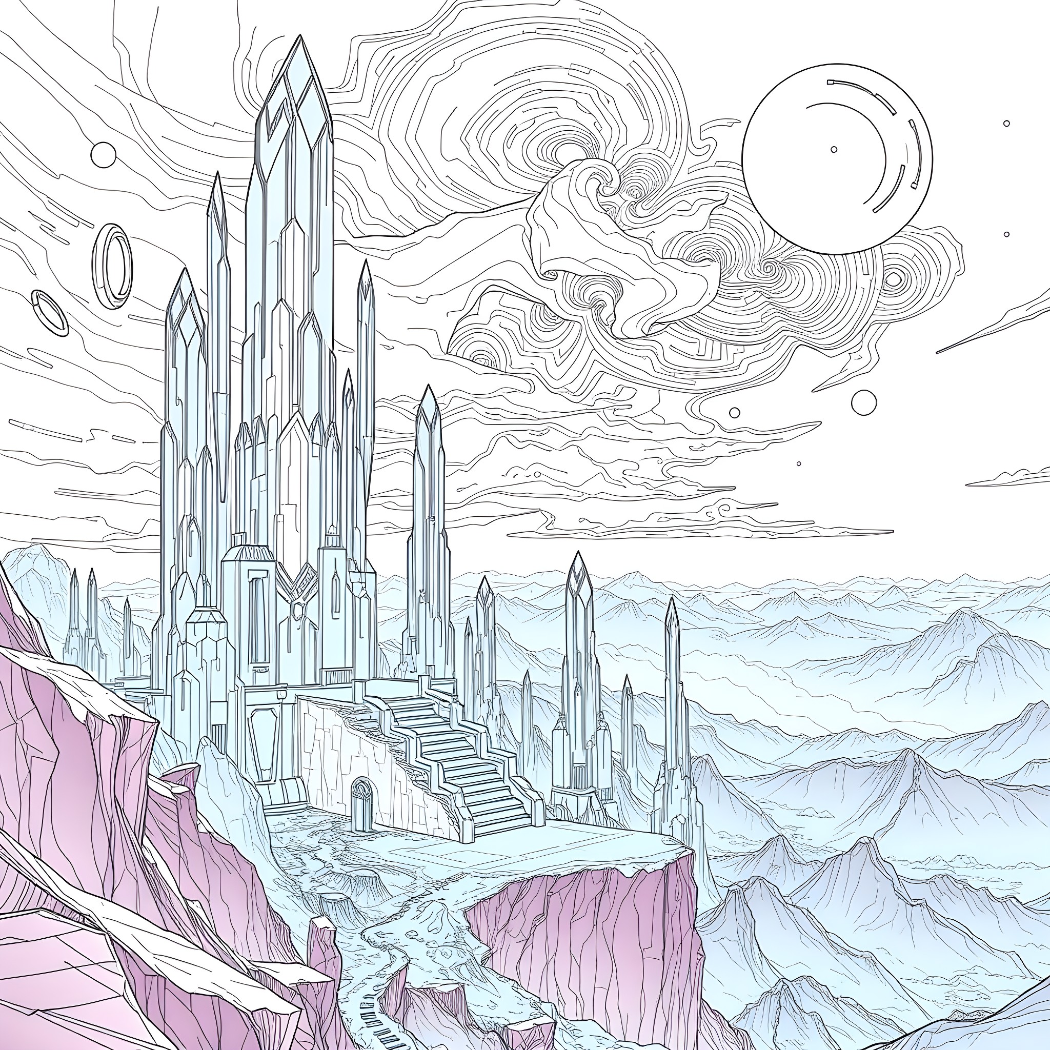 Venus: Futuristic Crystalline City in the Clouds Coloring Page (free black-and-white line drawing printable PDF for all, from beginners to advanced learners, including children, teens, adults, and seniors)
