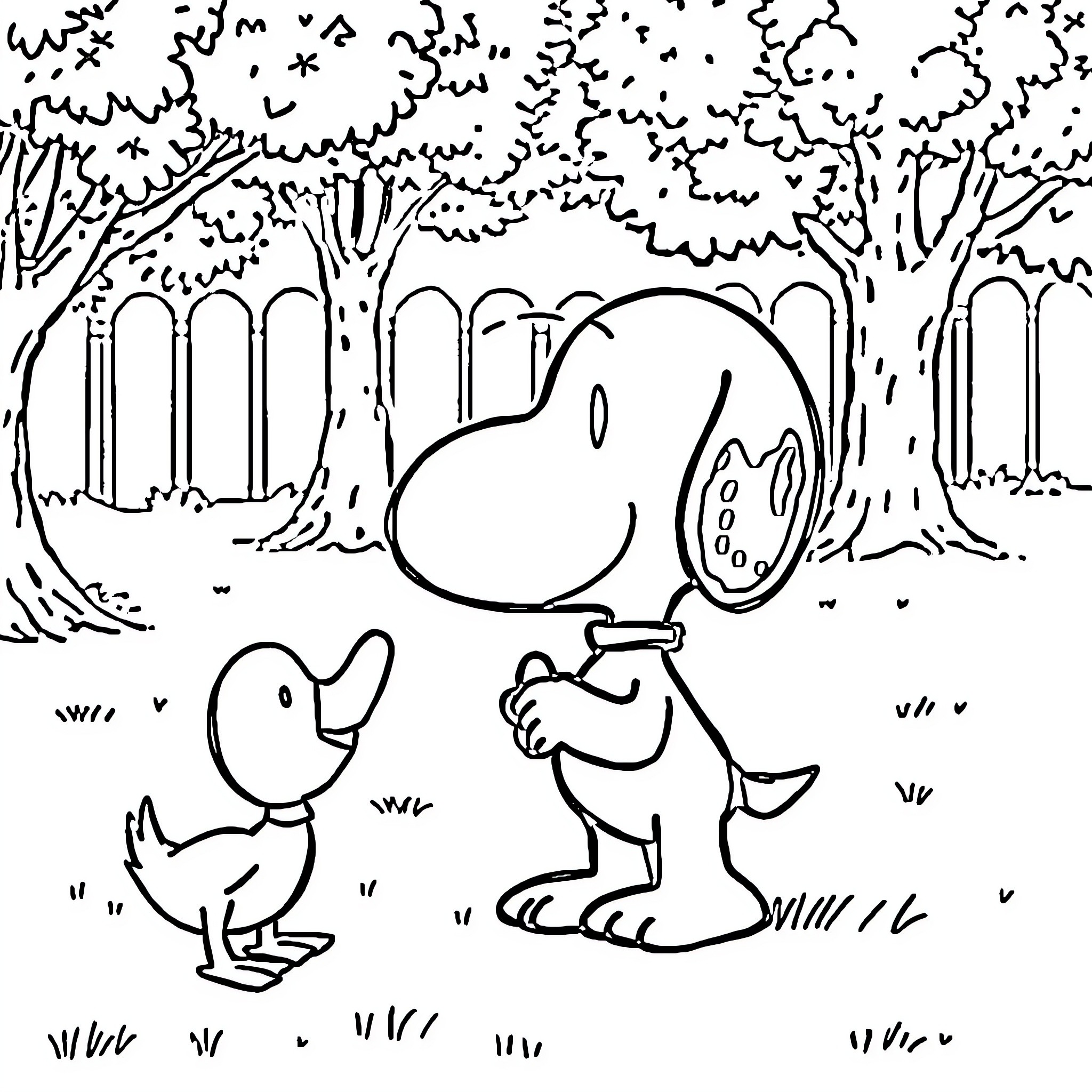 Snoopy and Friend Exploring the Enchanted Forest Coloring Page (free black-and-white line drawing printable PDF for all, from beginners to advanced learners, including children, teens, adults, and seniors)