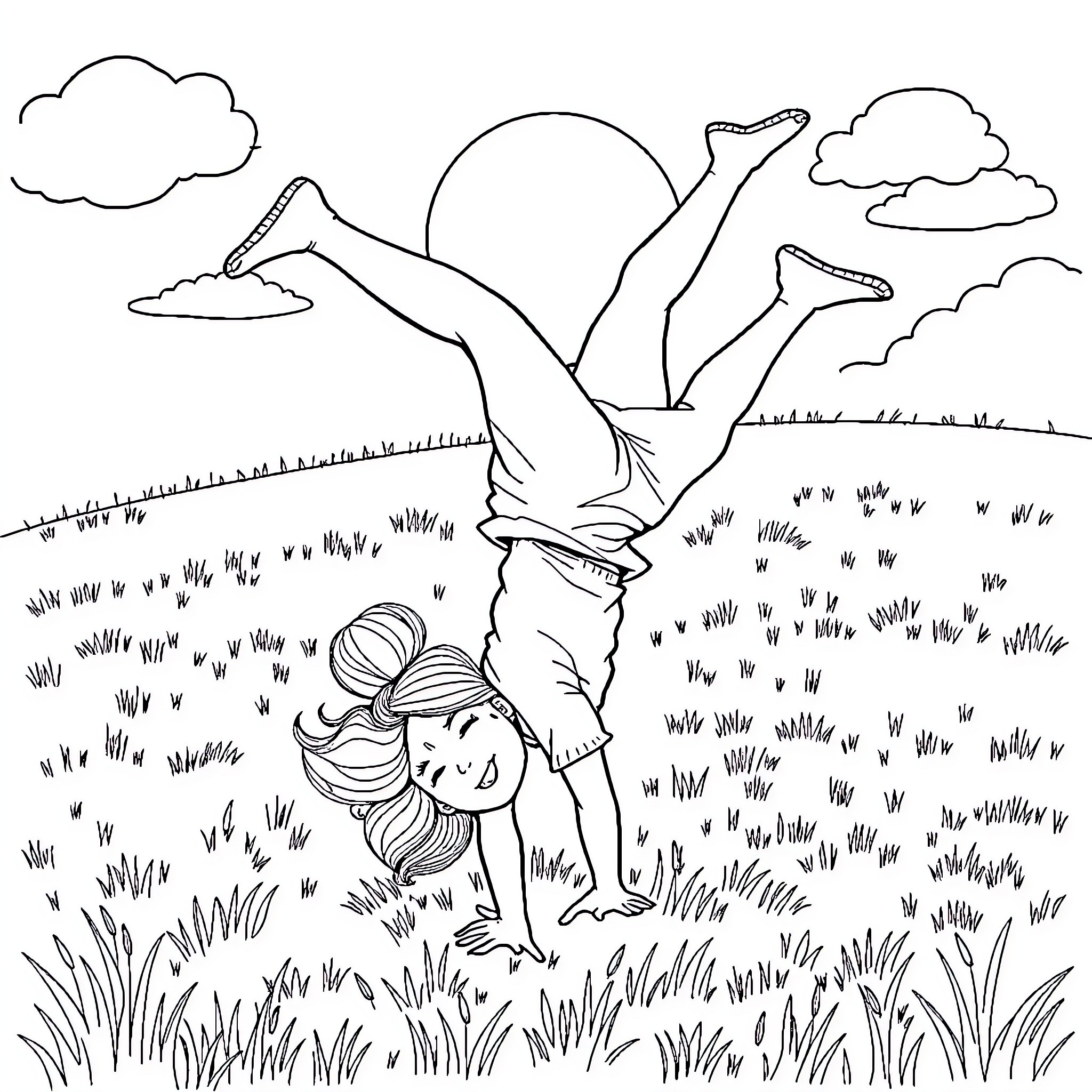 Girl practicing yoga pose in a grassy field Coloring Page (free black-and-white line drawing printable PDF for all, from beginners to advanced learners, including children, teens, adults, and seniors)