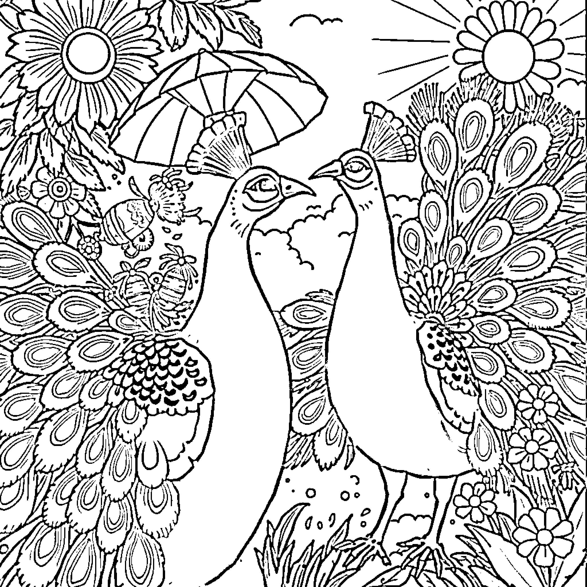 Peacocks displaying their feathers amidst vibrant flowers Coloring Page (free black-and-white line drawing printable PDF for all, from beginners to advanced learners, including children, teens, adults, and seniors)