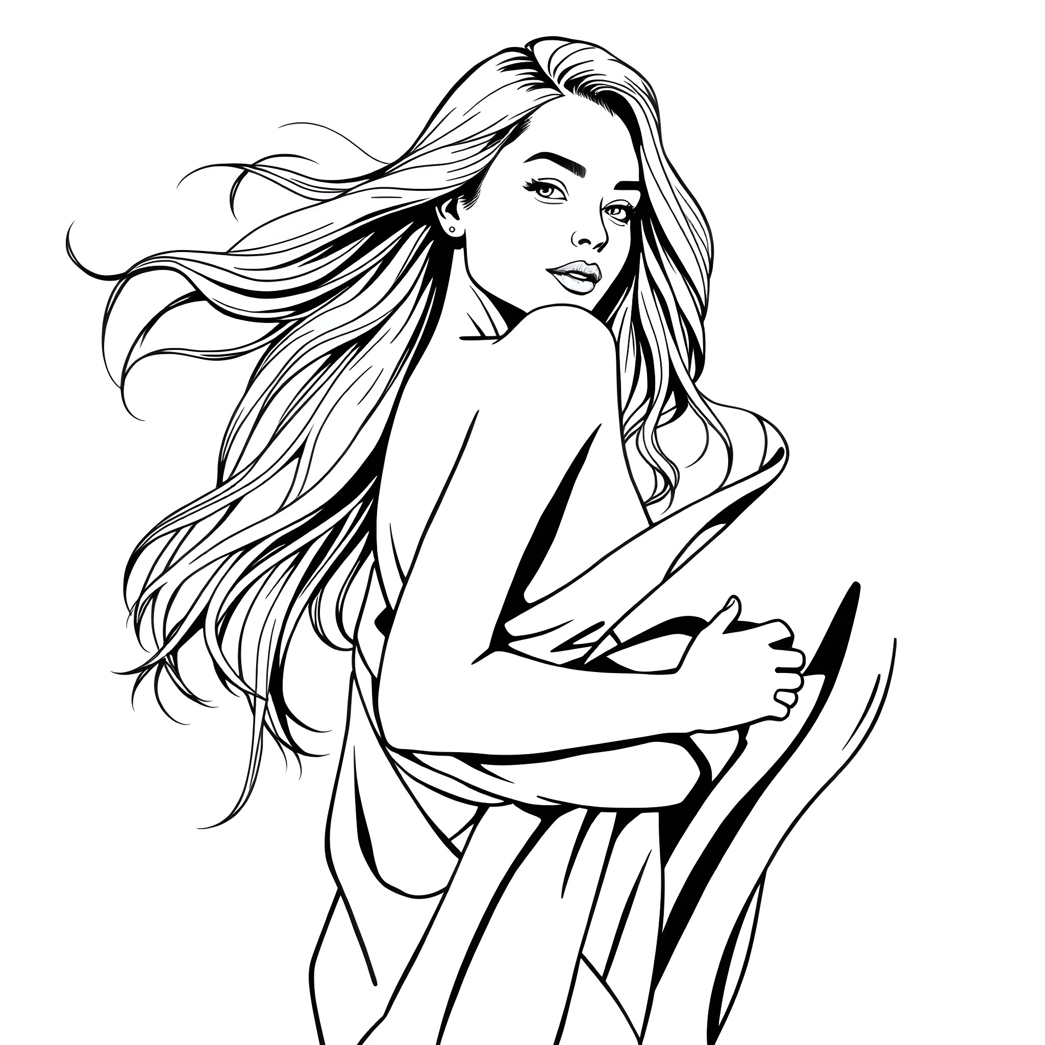 Girl with Flowing Hair and Captivating Expression Coloring Page (free black-and-white line drawing printable PDF for all, from beginners to advanced learners, including children, teens, adults, and seniors)