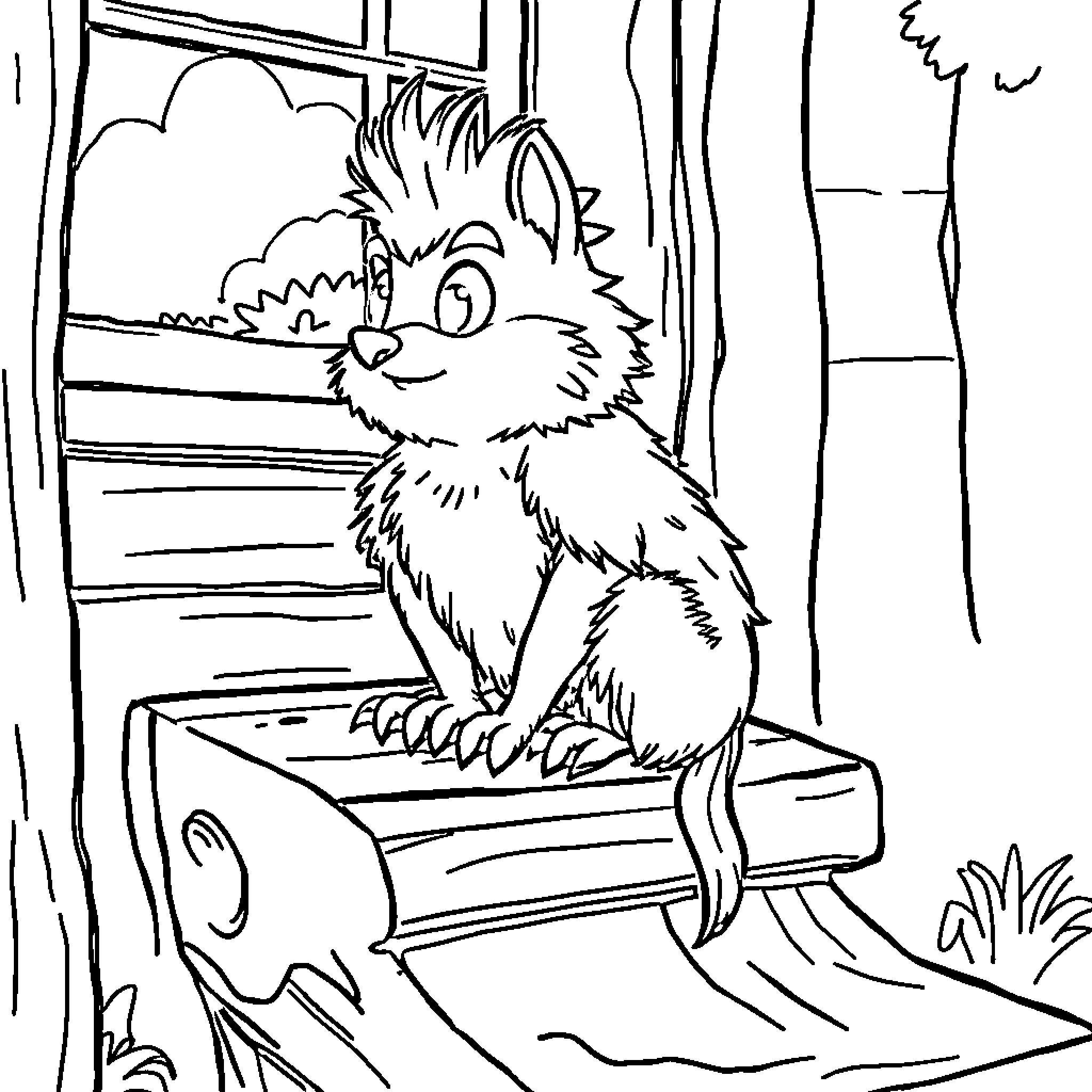 Gonk Fluffy Creature Resting in Cozy Wooden Cabin Coloring Page (free black-and-white line drawing printable PDF for all, from beginners to advanced learners, including children, teens, adults, and seniors)