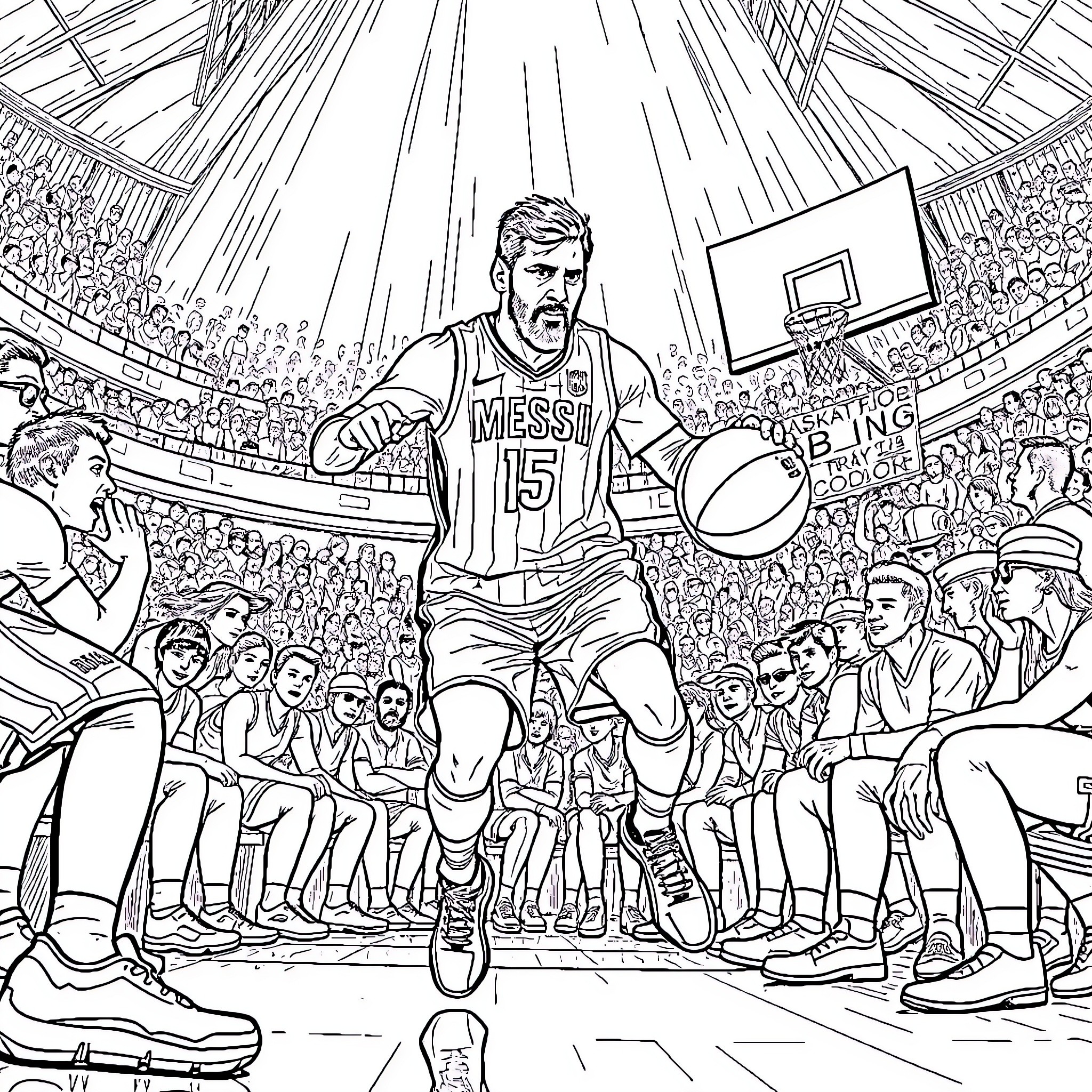 Messi's basketball skills dazzle the crowd Coloring Page (free black-and-white line drawing printable PDF for all, from beginners to advanced learners, including children, teens, adults, and seniors)