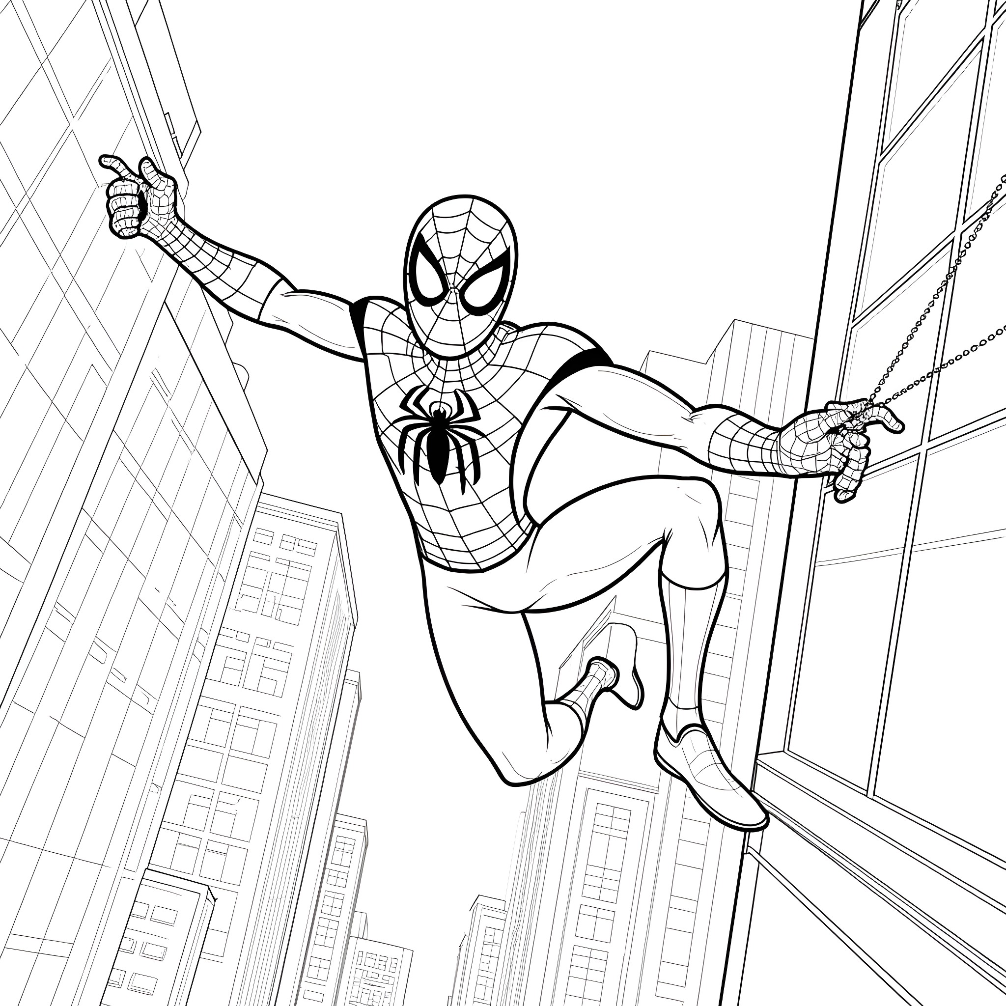 Spider-Man swinging through the city Coloring Page (free black-and-white line drawing printable PDF for all, from beginners to advanced learners, including children, teens, adults, and seniors)
