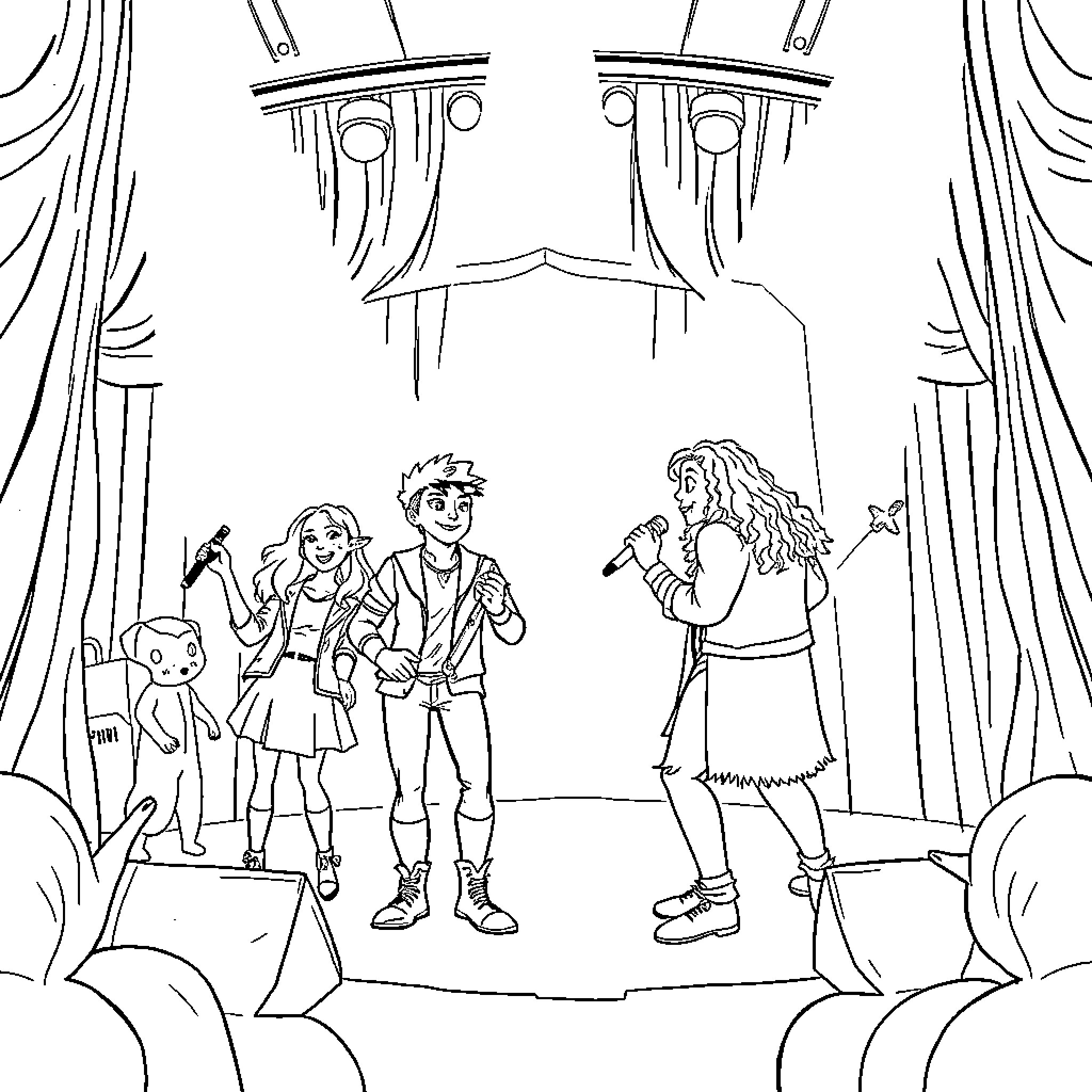 Huntrix's Magical Performance on Stage Coloring Page (free black-and-white line drawing printable PDF for all, from beginners to advanced learners, including children, teens, adults, and seniors)