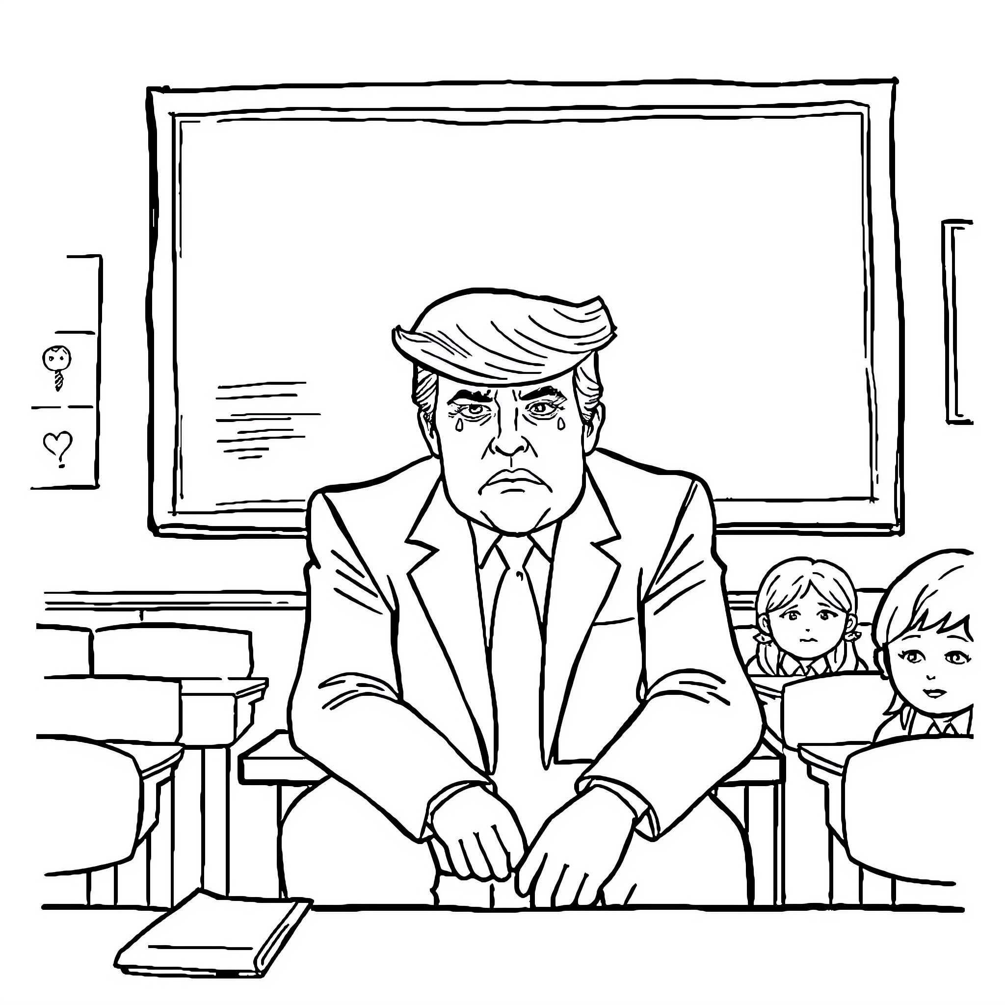 Trump's Stern Expression in Classroom Setting Coloring Page (free black-and-white line drawing printable PDF for all, from beginners to advanced learners, including children, teens, adults, and seniors)