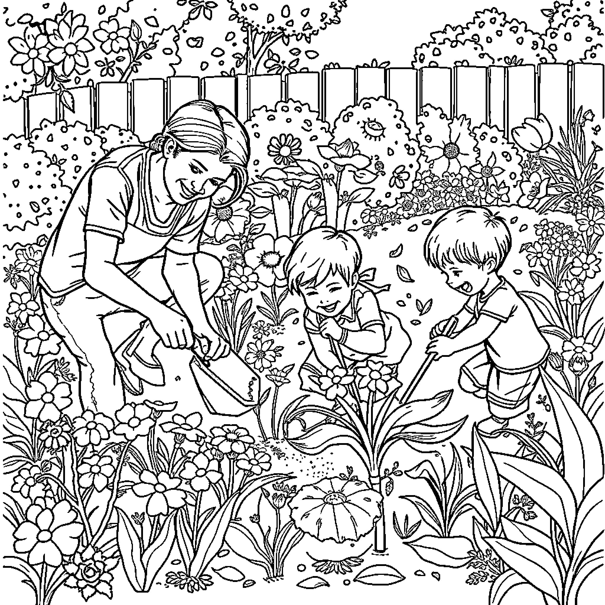 Parent and children gardening in a lush floral landscape Coloring Page (free black-and-white line drawing printable PDF for all, from beginners to advanced learners, including children, teens, adults, and seniors)