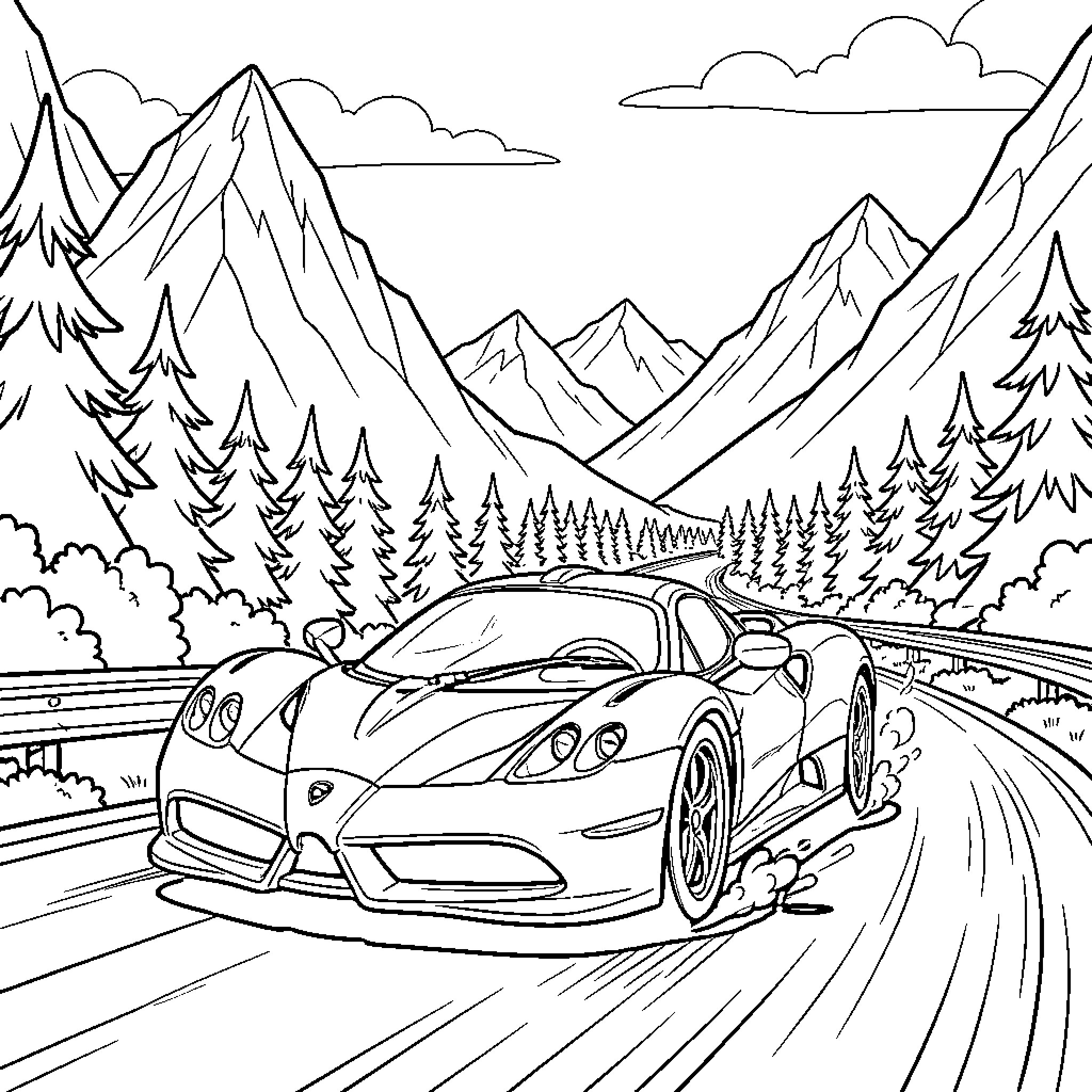 Pagani Zonda driving fast along a mountain road Coloring Page (free black-and-white line drawing printable PDF for all, from beginners to advanced learners, including children, teens, adults, and seniors)