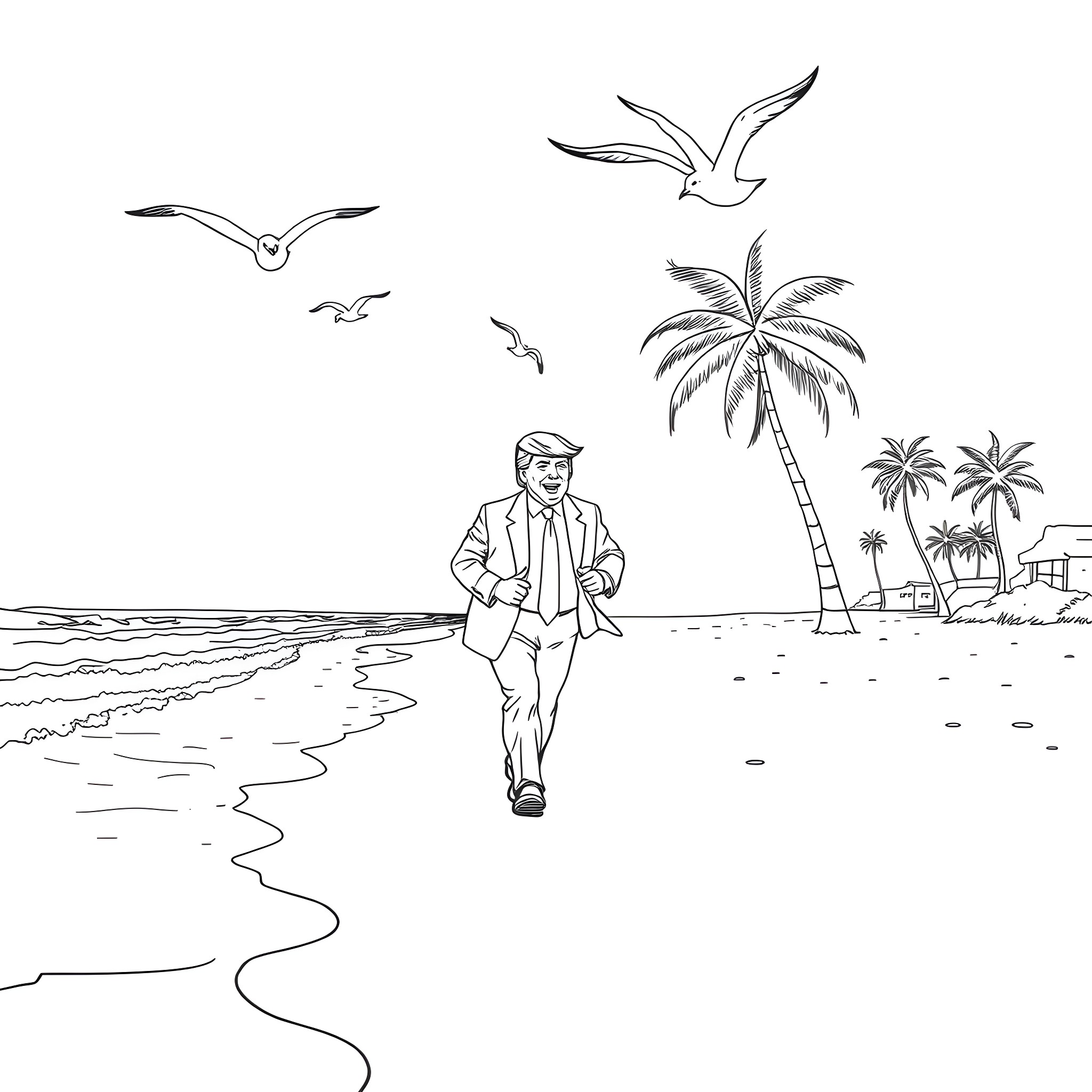 Trump walking alone on a tropical beach Coloring Page (free black-and-white line drawing printable PDF for all, from beginners to advanced learners, including children, teens, adults, and seniors)