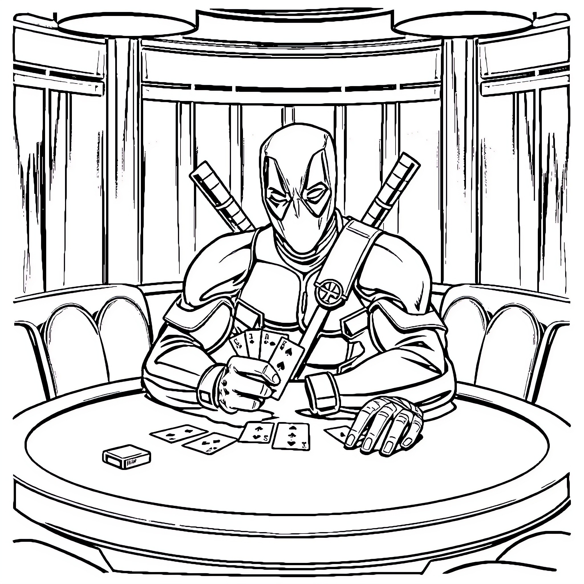 Deadpool Enjoying a Card Game in the Spotlight Coloring Page (free black-and-white line drawing printable PDF for all, from beginners to advanced learners, including children, teens, adults, and seniors)