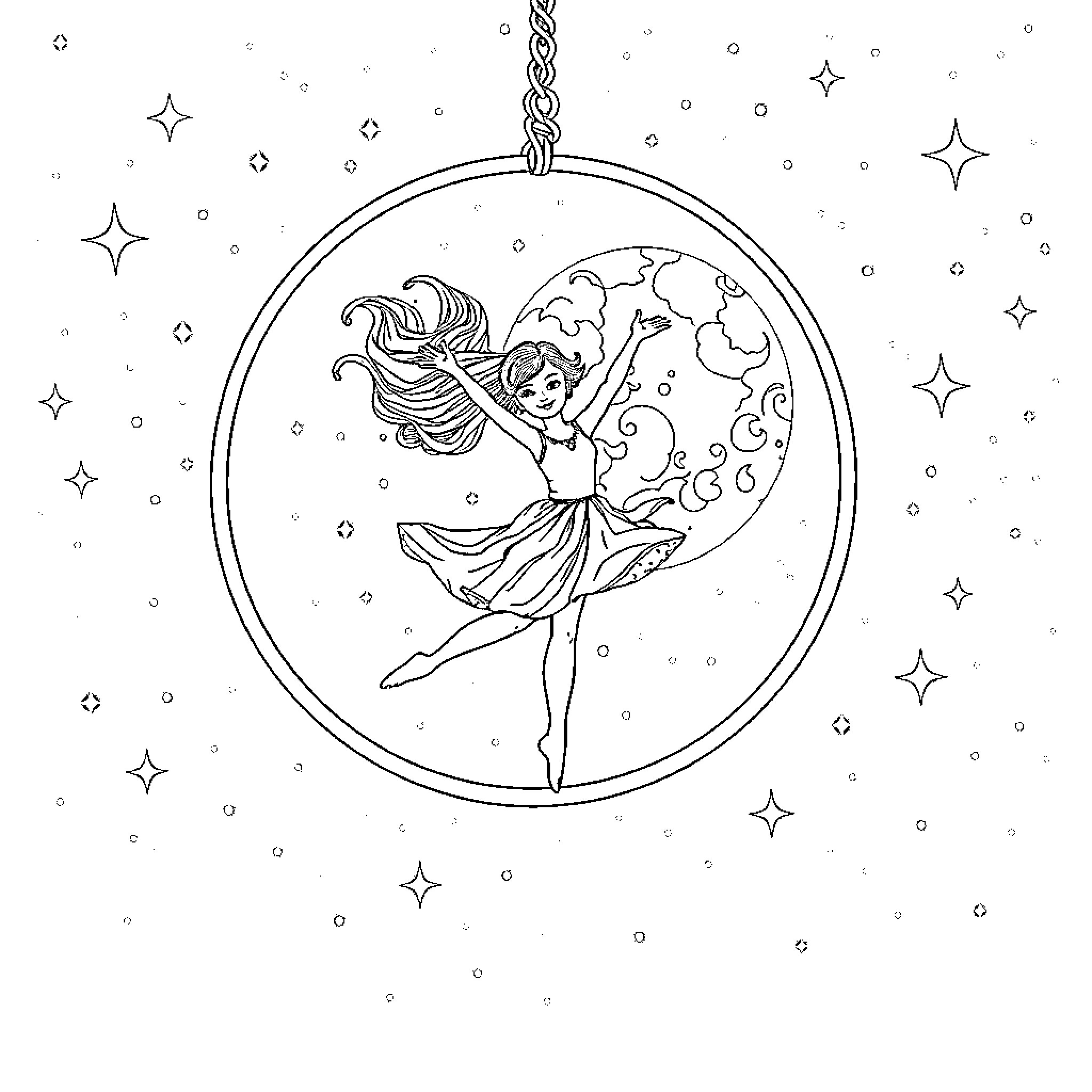 Girl dancing among the stars in a crescent moon Coloring Page (free black-and-white line drawing printable PDF for all, from beginners to advanced learners, including children, teens, adults, and seniors)