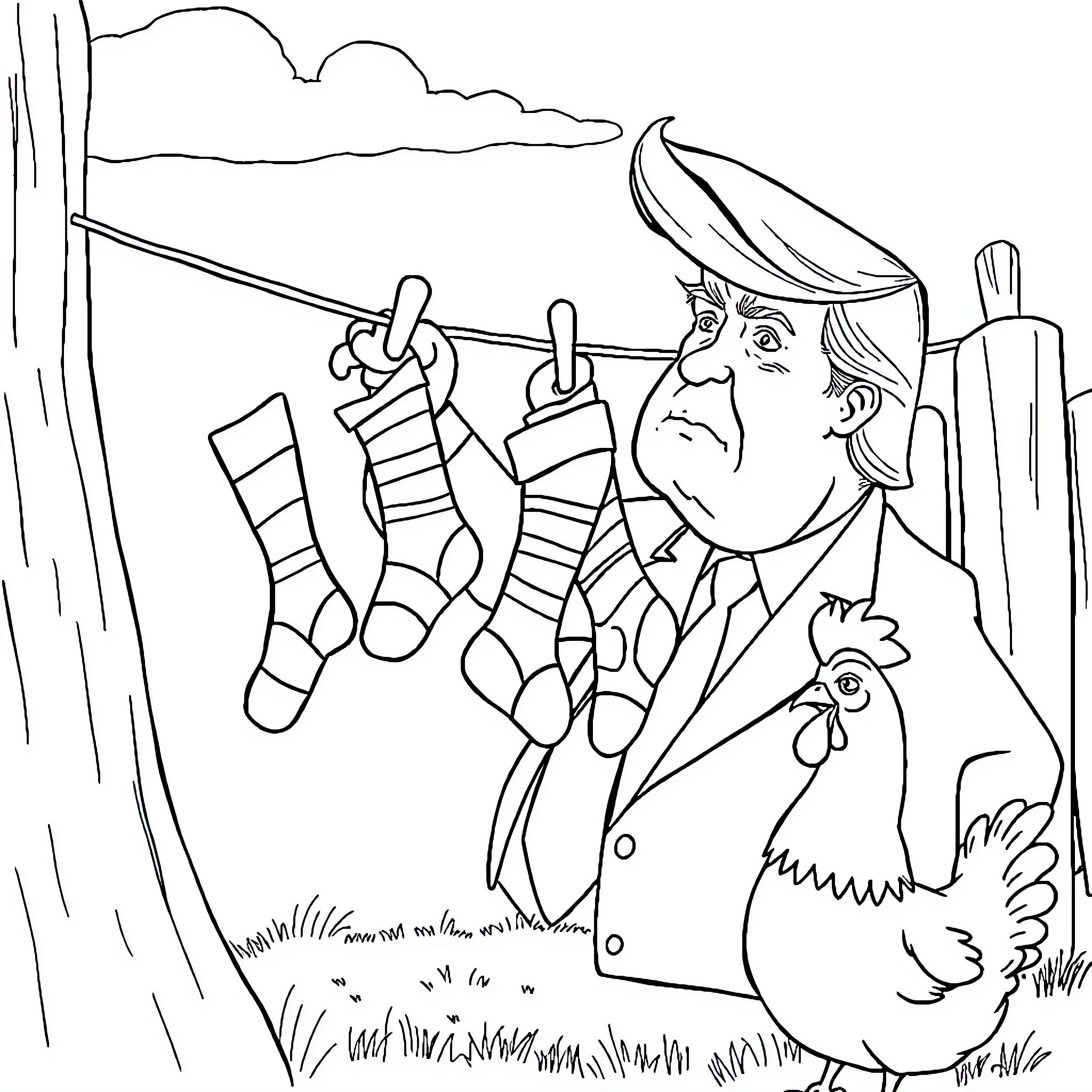 Donald Trump hangs socks on a clothesline with a chicken Coloring Page (free black-and-white line drawing printable PDF for all, from beginners to advanced learners, including children, teens, adults, and seniors)