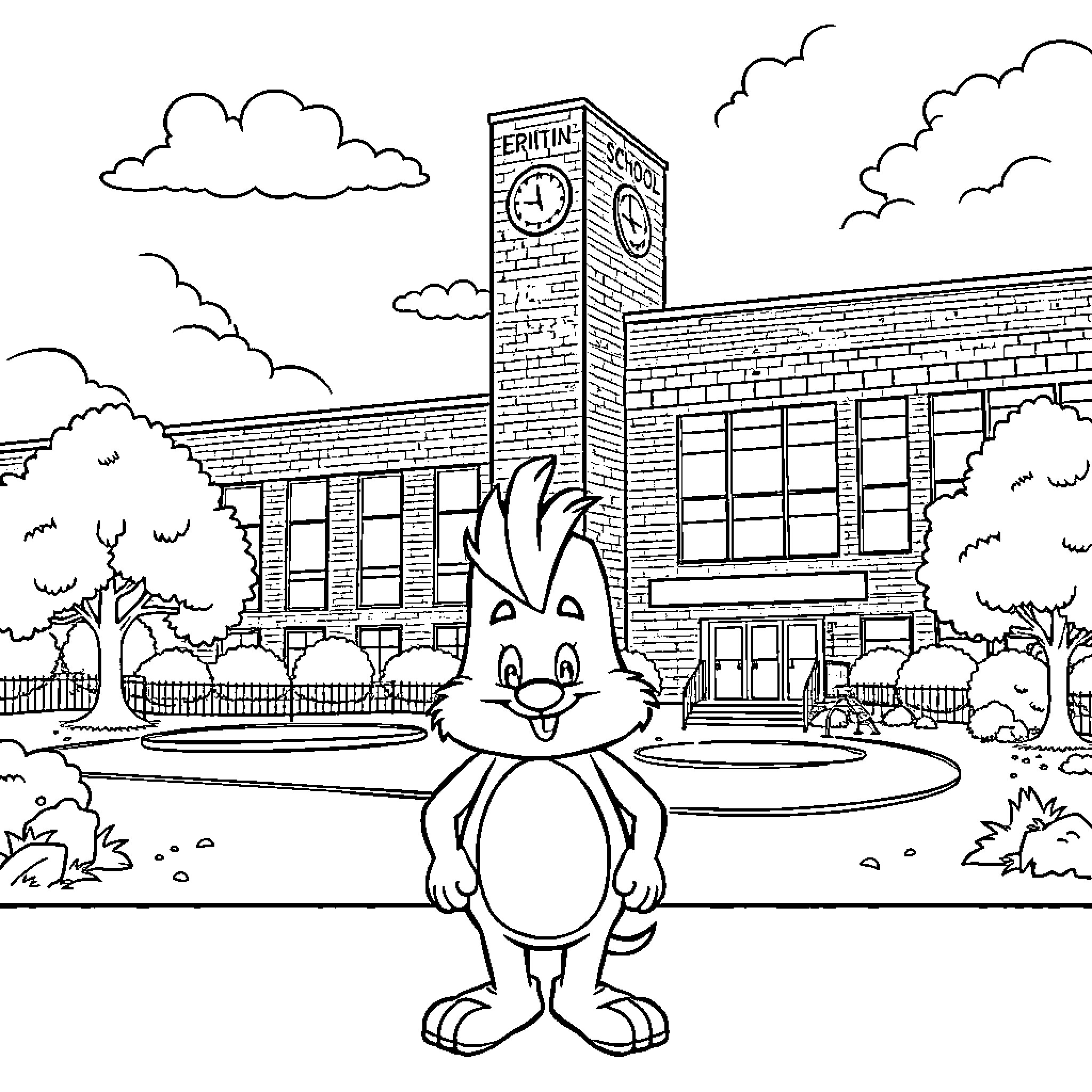 Sprunki exploring the school campus happily Coloring Page (free black-and-white line drawing printable PDF for all, from beginners to advanced learners, including children, teens, adults, and seniors)