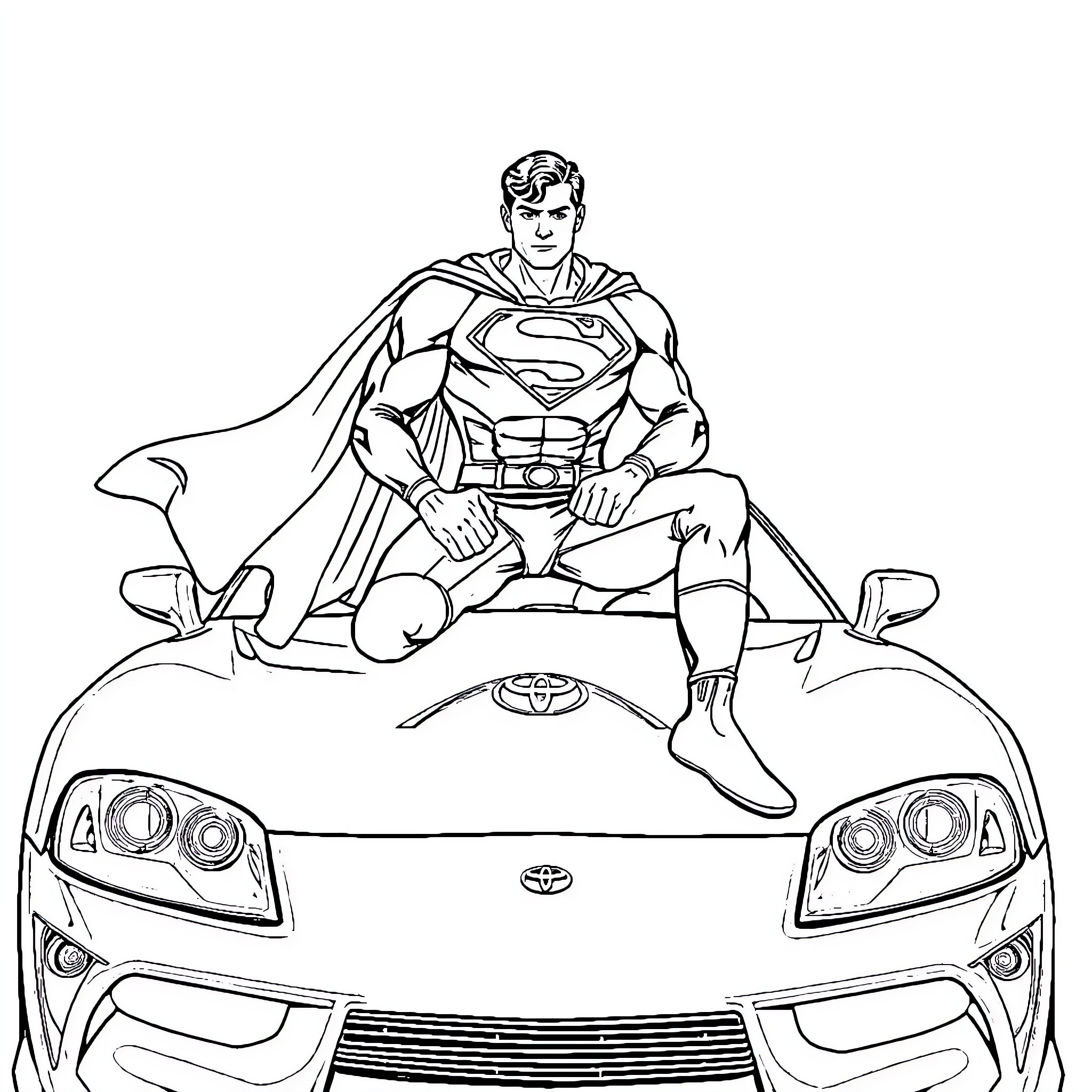 Superman seated on a high-speed sports car Coloring Page (free black-and-white line drawing printable PDF for all, from beginners to advanced learners, including children, teens, adults, and seniors)