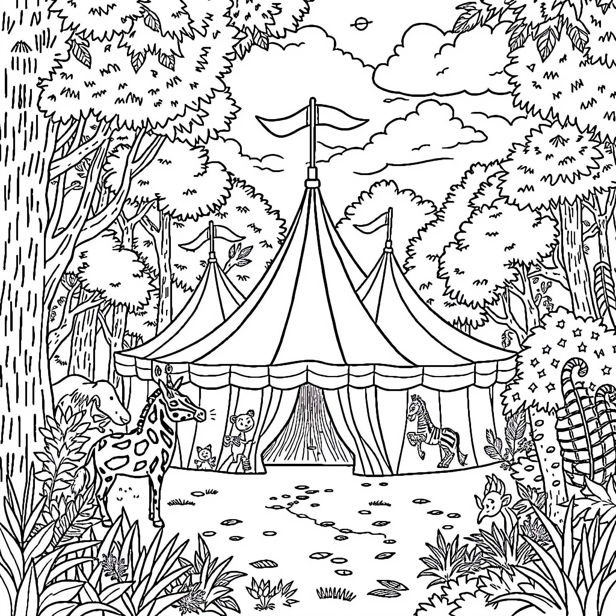 Circus Tents in Enchanted Forest Landscape Coloring Page (free black-and-white line drawing printable PDF for all, from beginners to advanced learners, including children, teens, adults, and seniors)