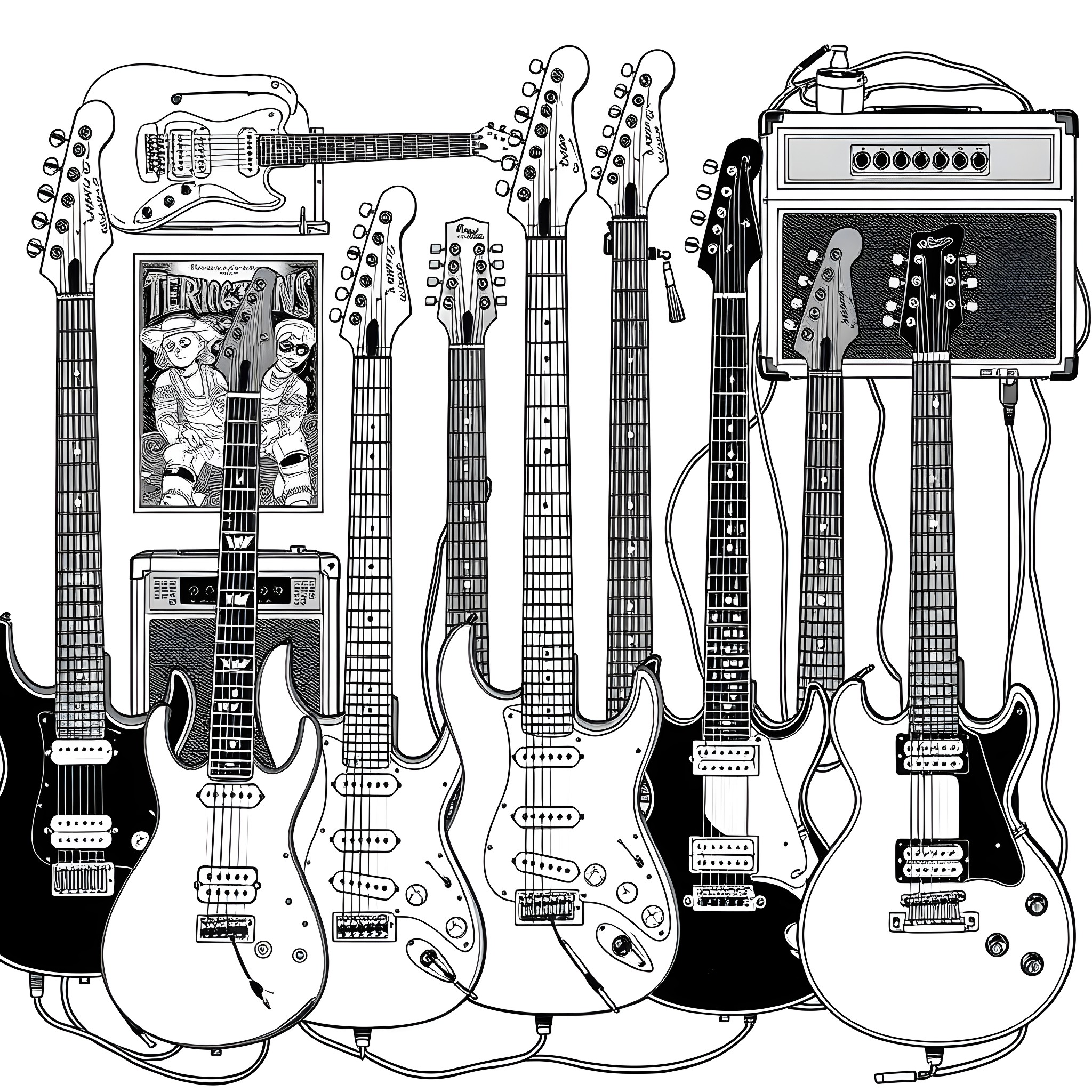 Guitar collection featuring various electric guitars and amplifiers Coloring Page (free black-and-white line drawing printable PDF for all, from beginners to advanced learners, including children, teens, adults, and seniors)