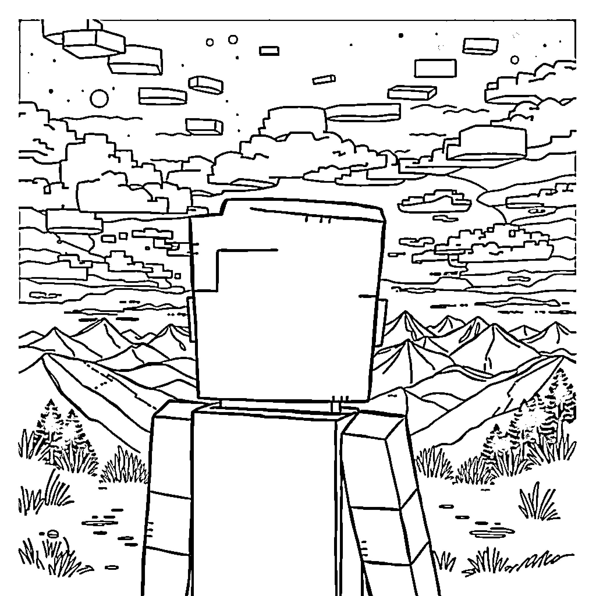 Steve exploring the surreal mountain landscape Coloring Page (free black-and-white line drawing printable PDF for all, from beginners to advanced learners, including children, teens, adults, and seniors)