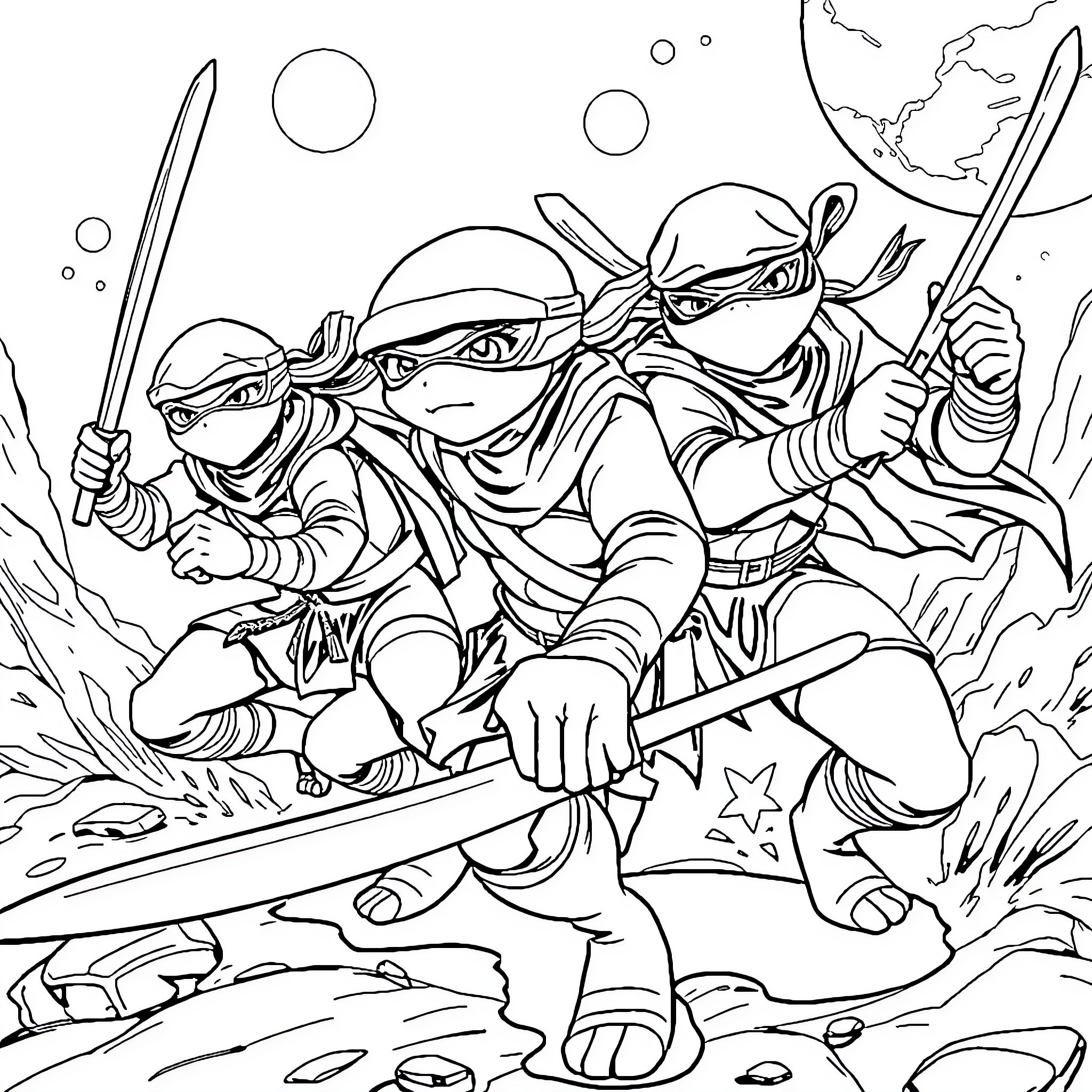 Turtle ninjas engage in fierce combat Coloring Page (free black-and-white line drawing printable PDF for all, from beginners to advanced learners, including children, teens, adults, and seniors)