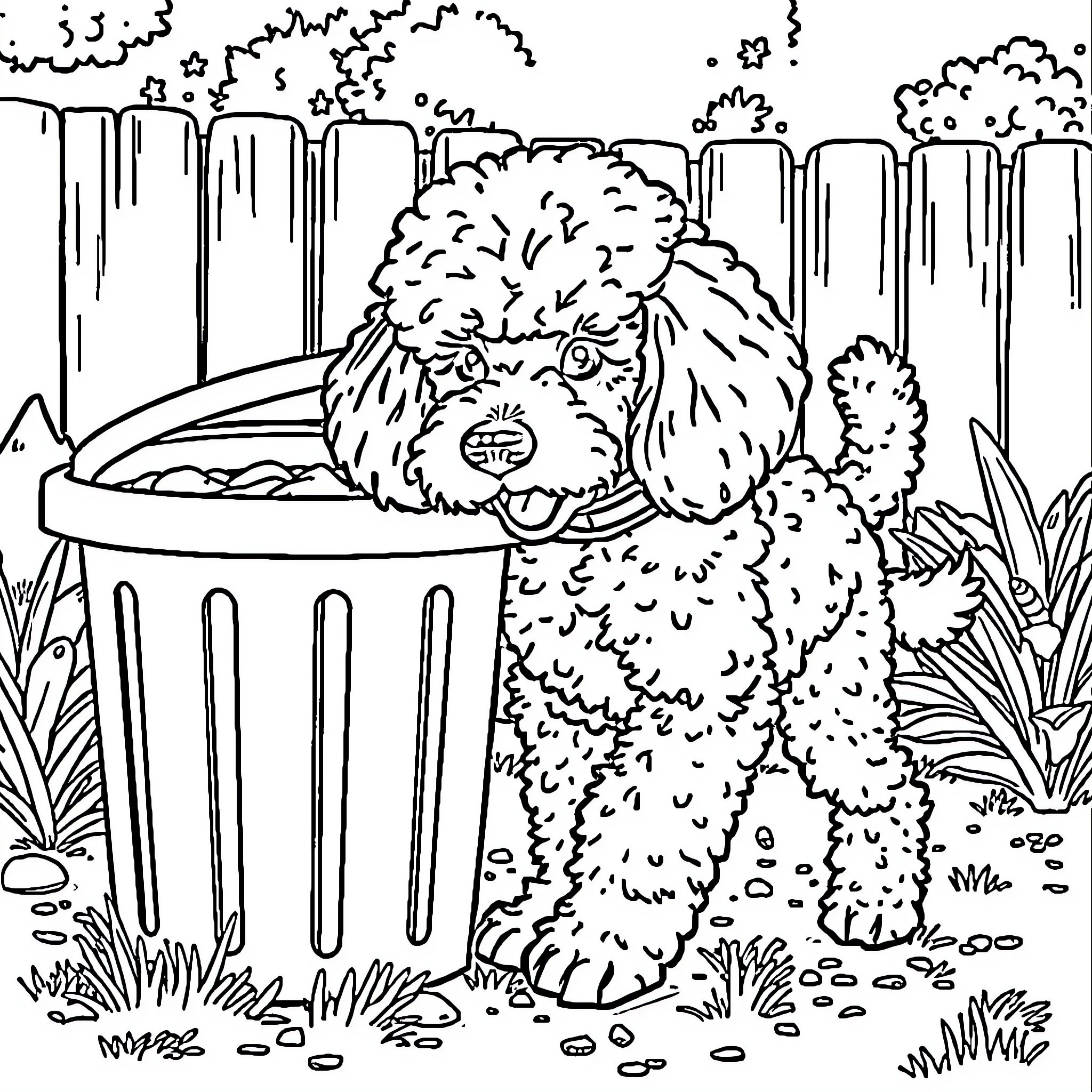 Poodle cooling off in a water bucket on a rainy day Coloring Page (free black-and-white line drawing printable PDF for all, from beginners to advanced learners, including children, teens, adults, and seniors)