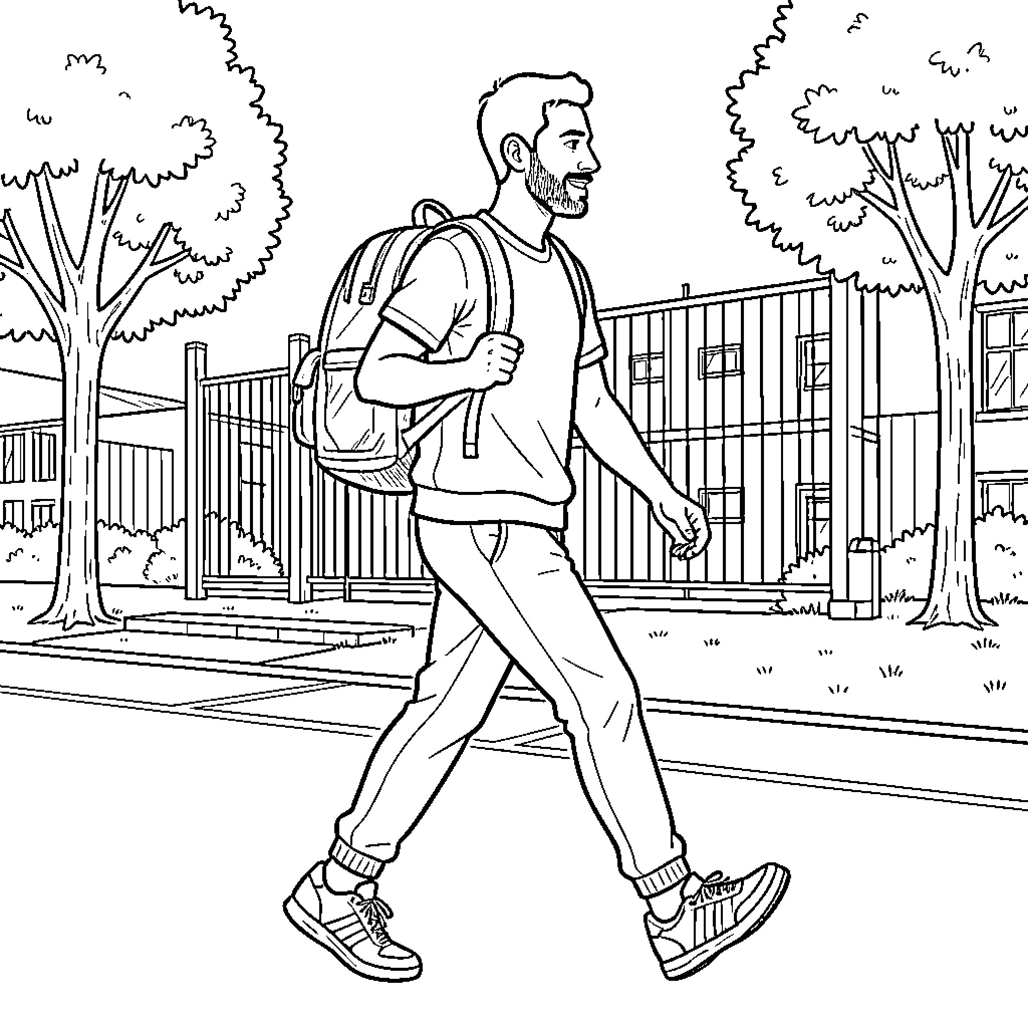 Joueur marchant avec un sac à dos Coloring Page (free black-and-white line drawing printable PDF for all, from beginners to advanced learners, including children, teens, adults, and seniors)