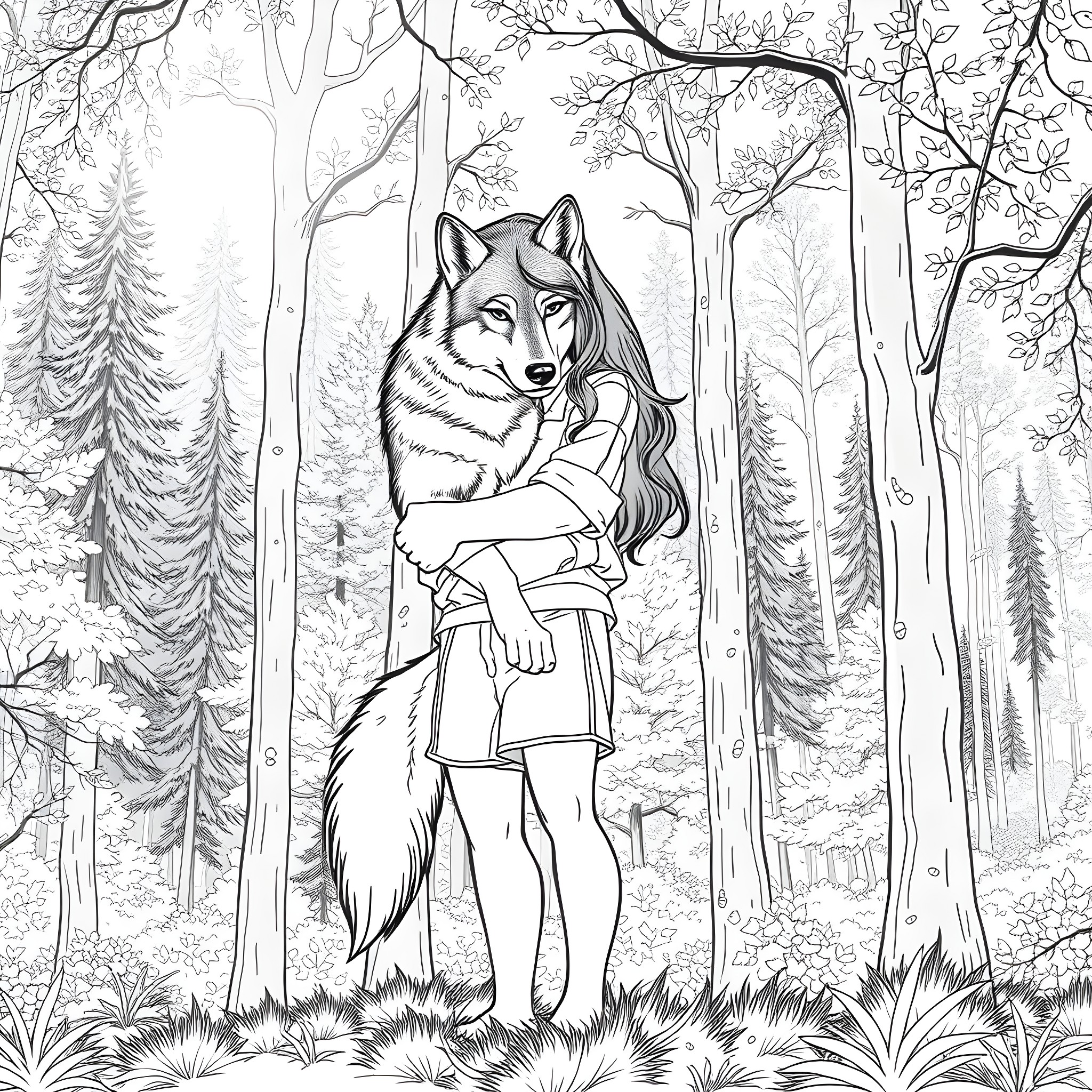 Teenage Girl Embracing a Wolf in a Mystical Forest Coloring Page (free black-and-white line drawing printable PDF for all, from beginners to advanced learners, including children, teens, adults, and seniors)