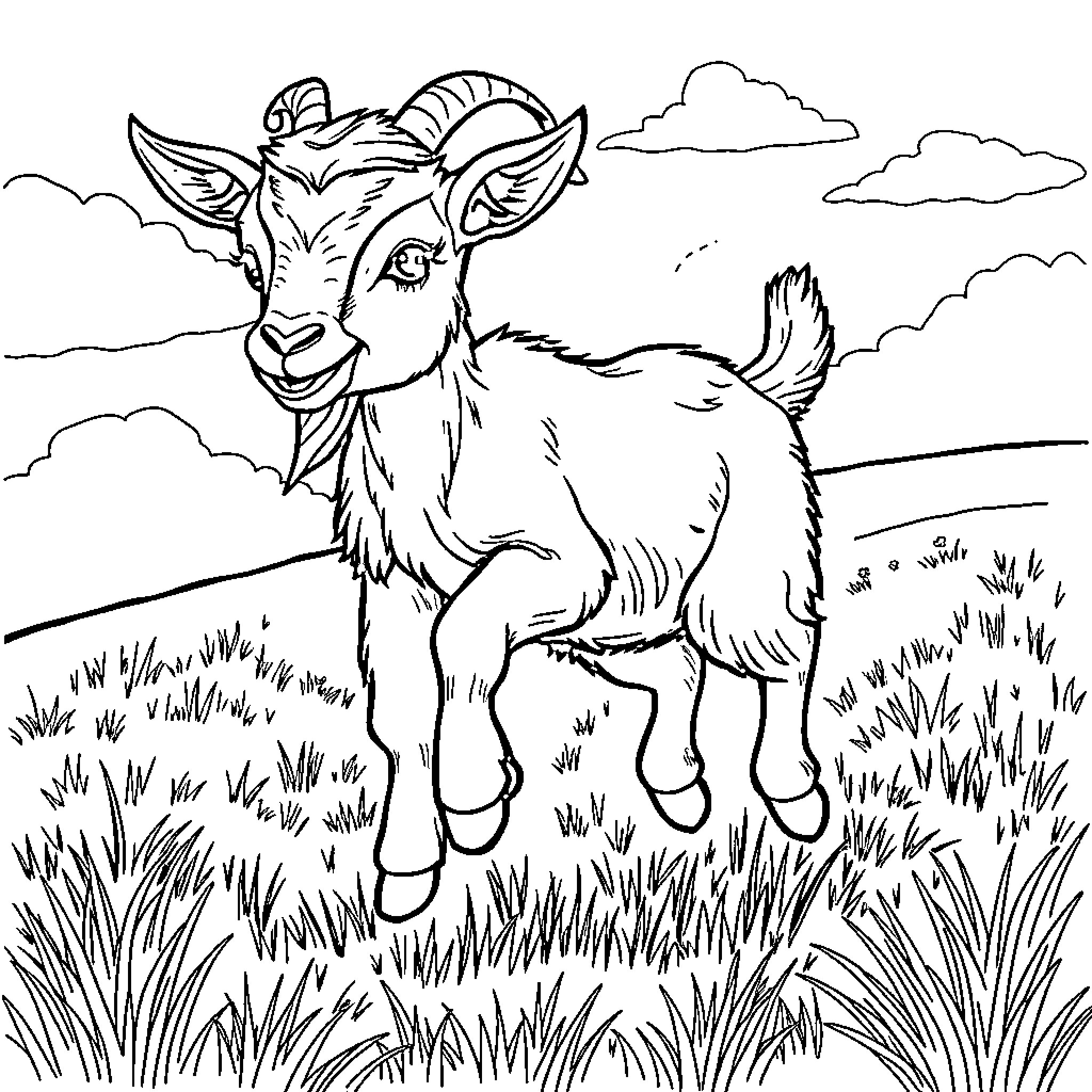 Goat standing in grassy field with cloudy sky Coloring Page (free black-and-white line drawing printable PDF for all, from beginners to advanced learners, including children, teens, adults, and seniors)