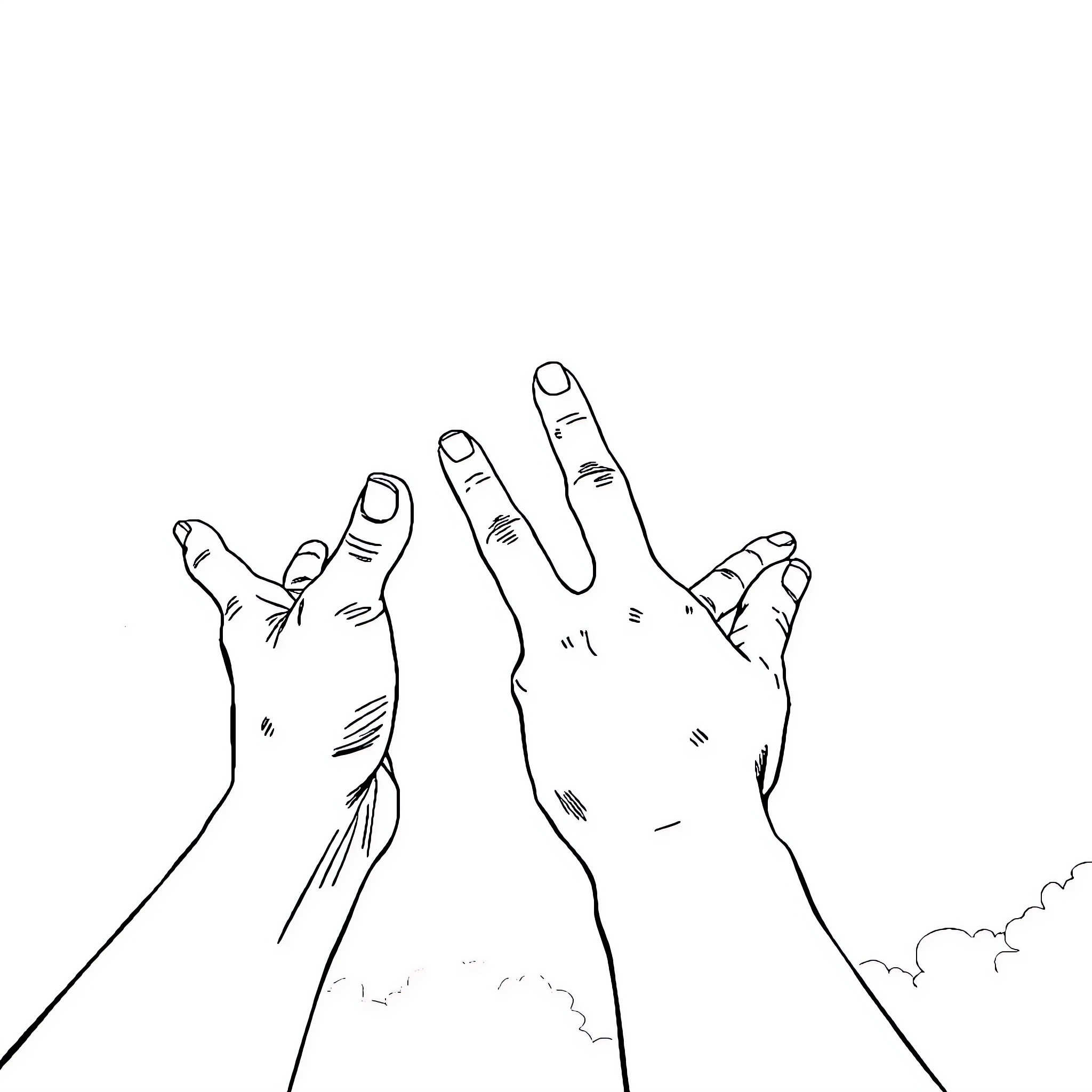 Hands Reaching Up Towards the Sky Coloring Page (free black-and-white line drawing printable PDF for all, from beginners to advanced learners, including children, teens, adults, and seniors)