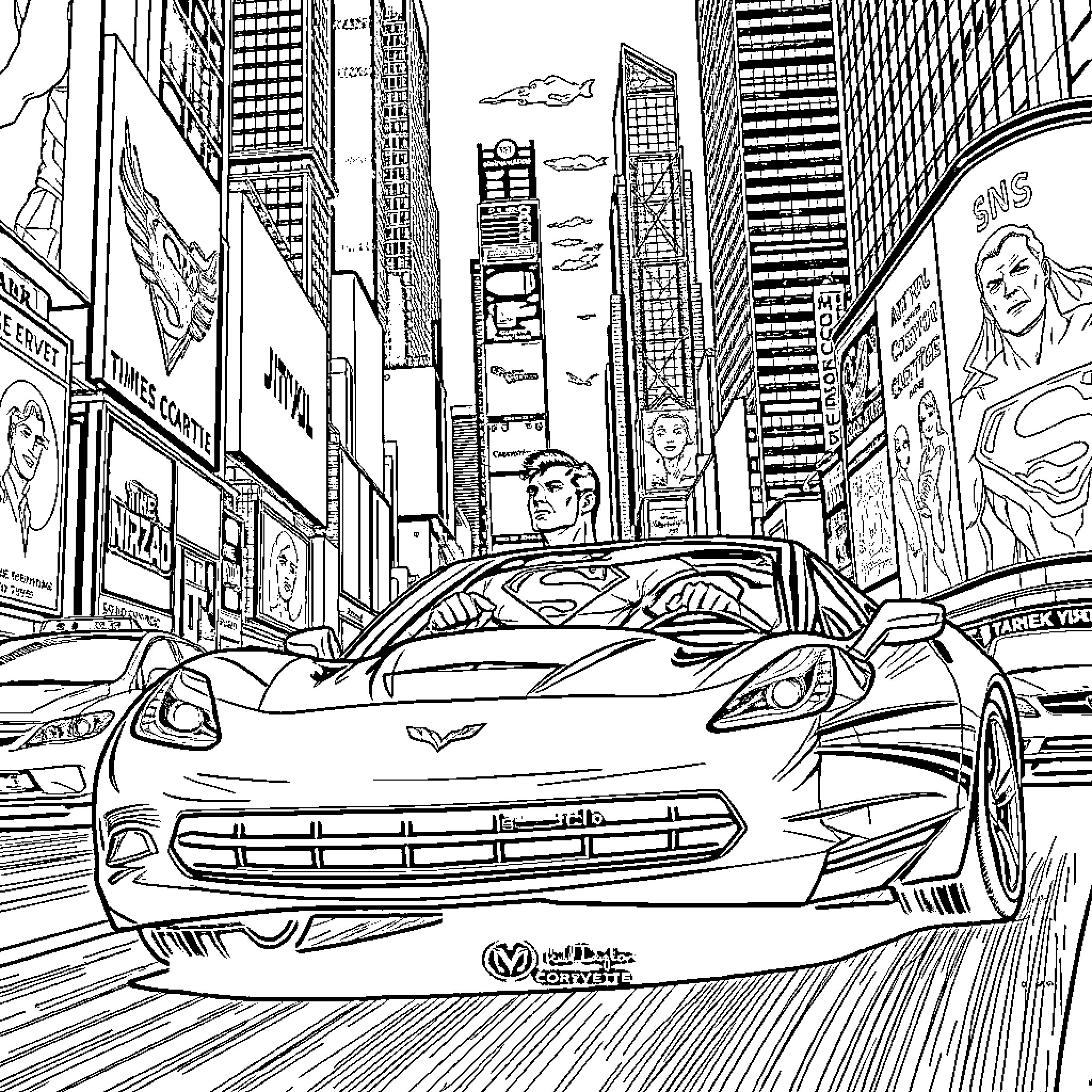 Superman driving a sports car through the city Coloring Page (free black-and-white line drawing printable PDF for all, from beginners to advanced learners, including children, teens, adults, and seniors)