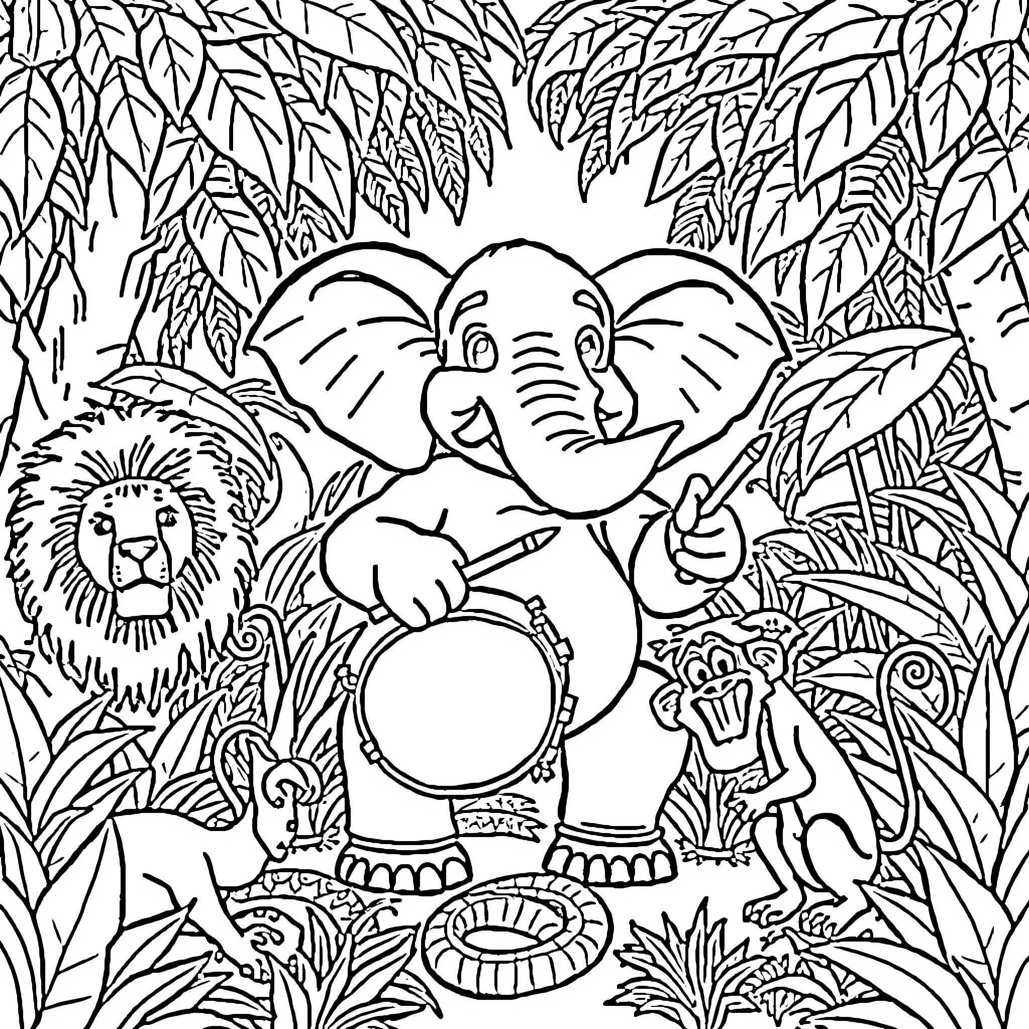 Elephant playing in the jungle with animal friends Coloring Page (free black-and-white line drawing printable PDF for all, from beginners to advanced learners, including children, teens, adults, and seniors)