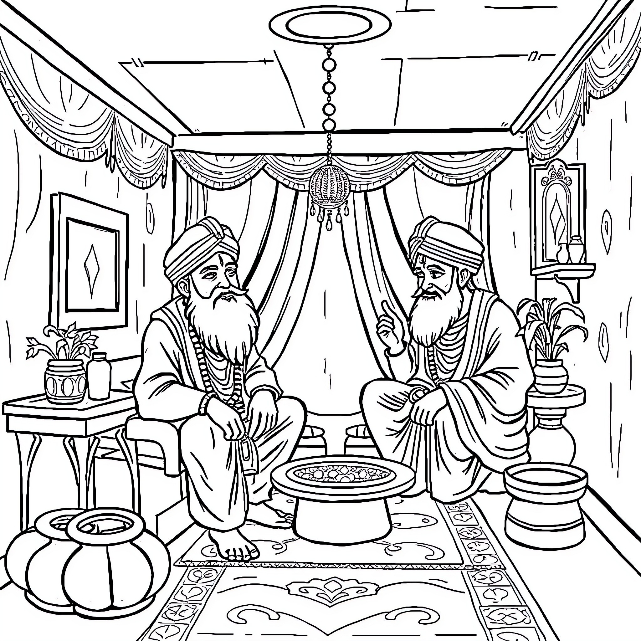 Sardar ji in deep discussion at ornate chamber Coloring Page (free black-and-white line drawing printable PDF for all, from beginners to advanced learners, including children, teens, adults, and seniors)