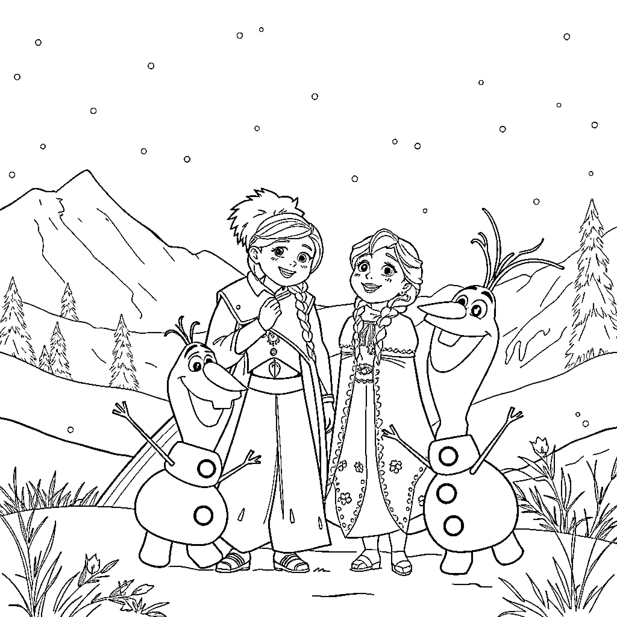 Frozen Characters in Snowy Wonderland Coloring Page (free black-and-white line drawing printable PDF for all, from beginners to advanced learners, including children, teens, adults, and seniors)