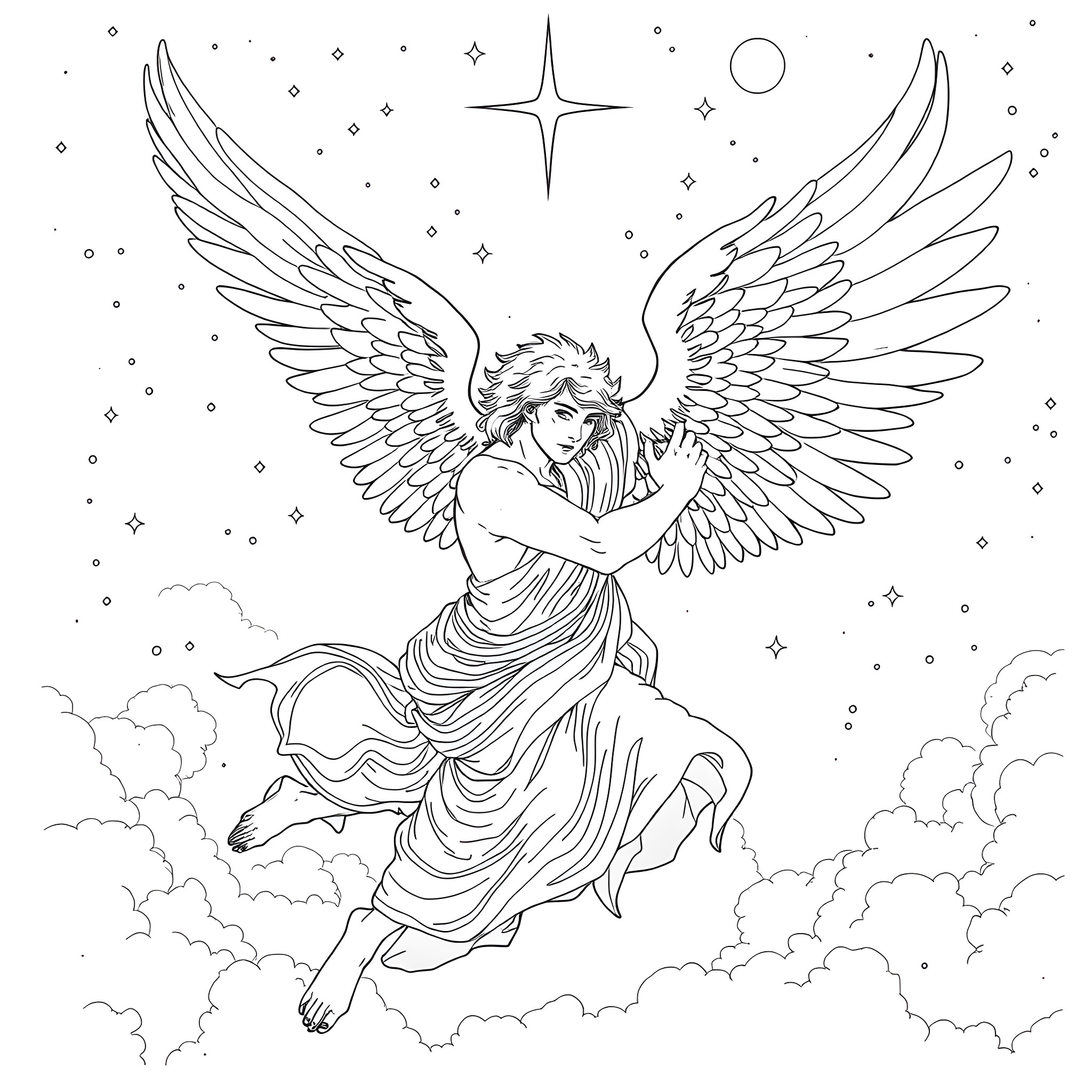 Jacob's Celestial Angel Soaring Through the Cosmos Coloring Page (free black-and-white line drawing printable PDF for all, from beginners to advanced learners, including children, teens, adults, and seniors)