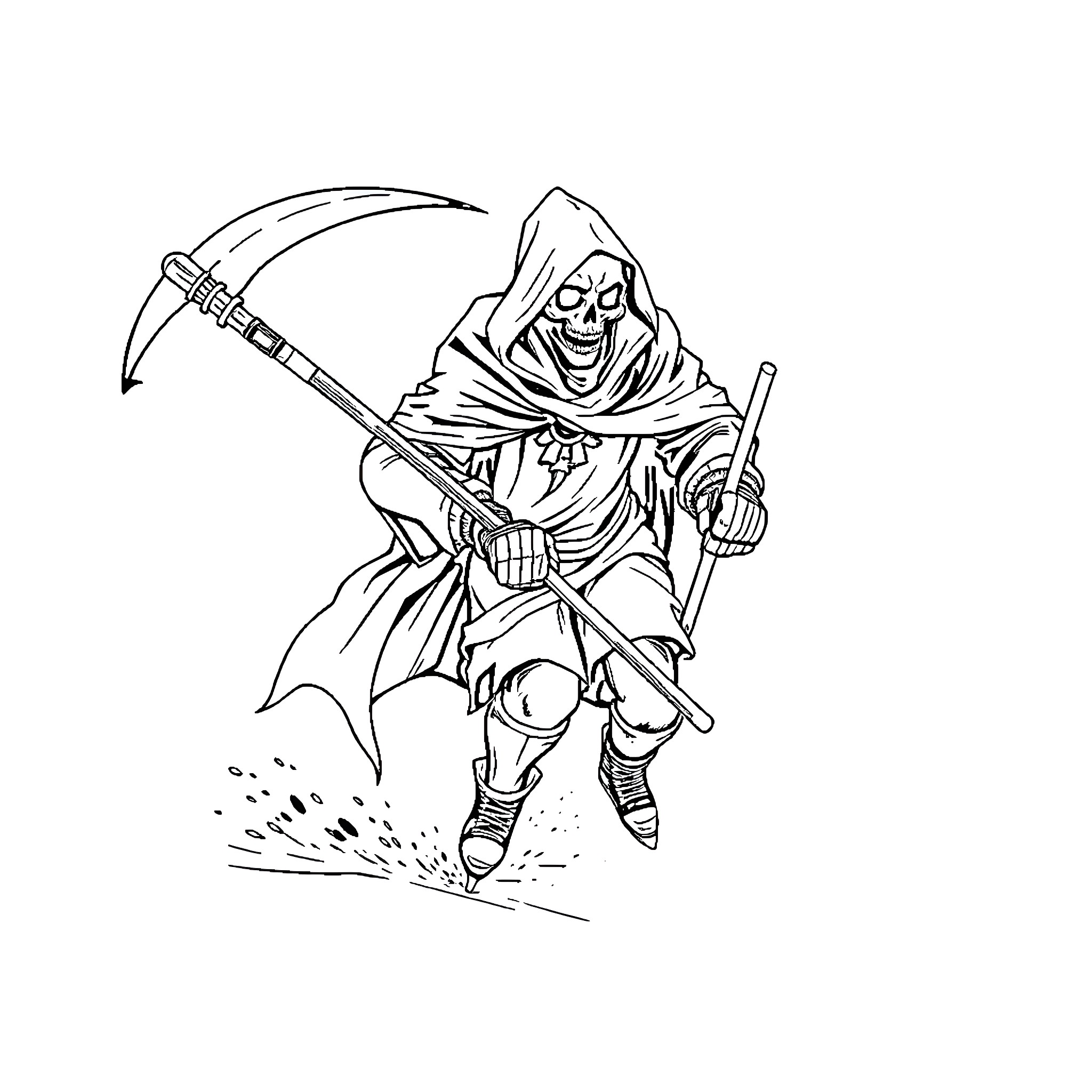 Grim Reaper rushing with scythe and hooded cloak Coloring Page (free black-and-white line drawing printable PDF for all, from beginners to advanced learners, including children, teens, adults, and seniors)