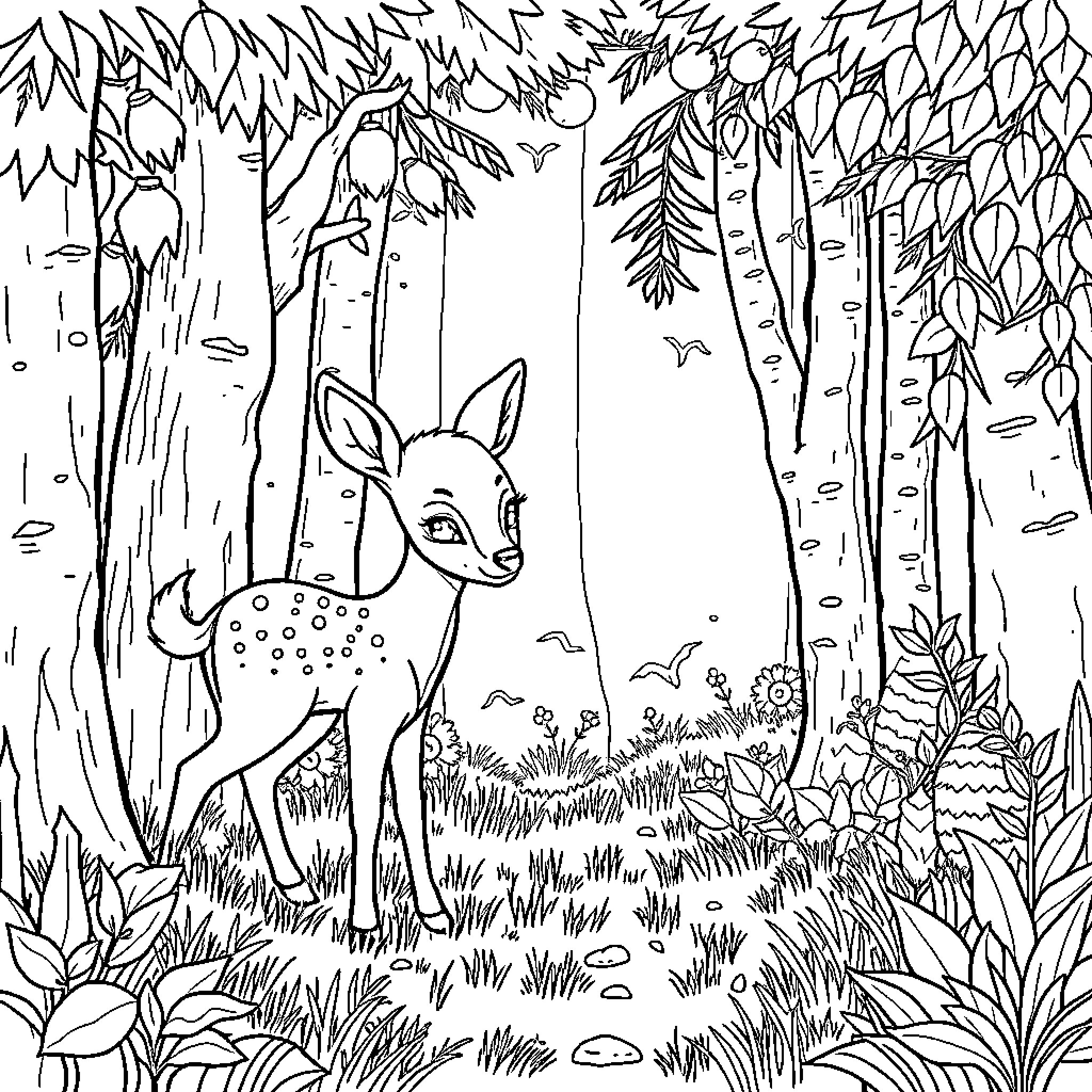 Baby Deer in a Lush Forest Coloring Page (free black-and-white line drawing printable PDF for all, from beginners to advanced learners, including children, teens, adults, and seniors)