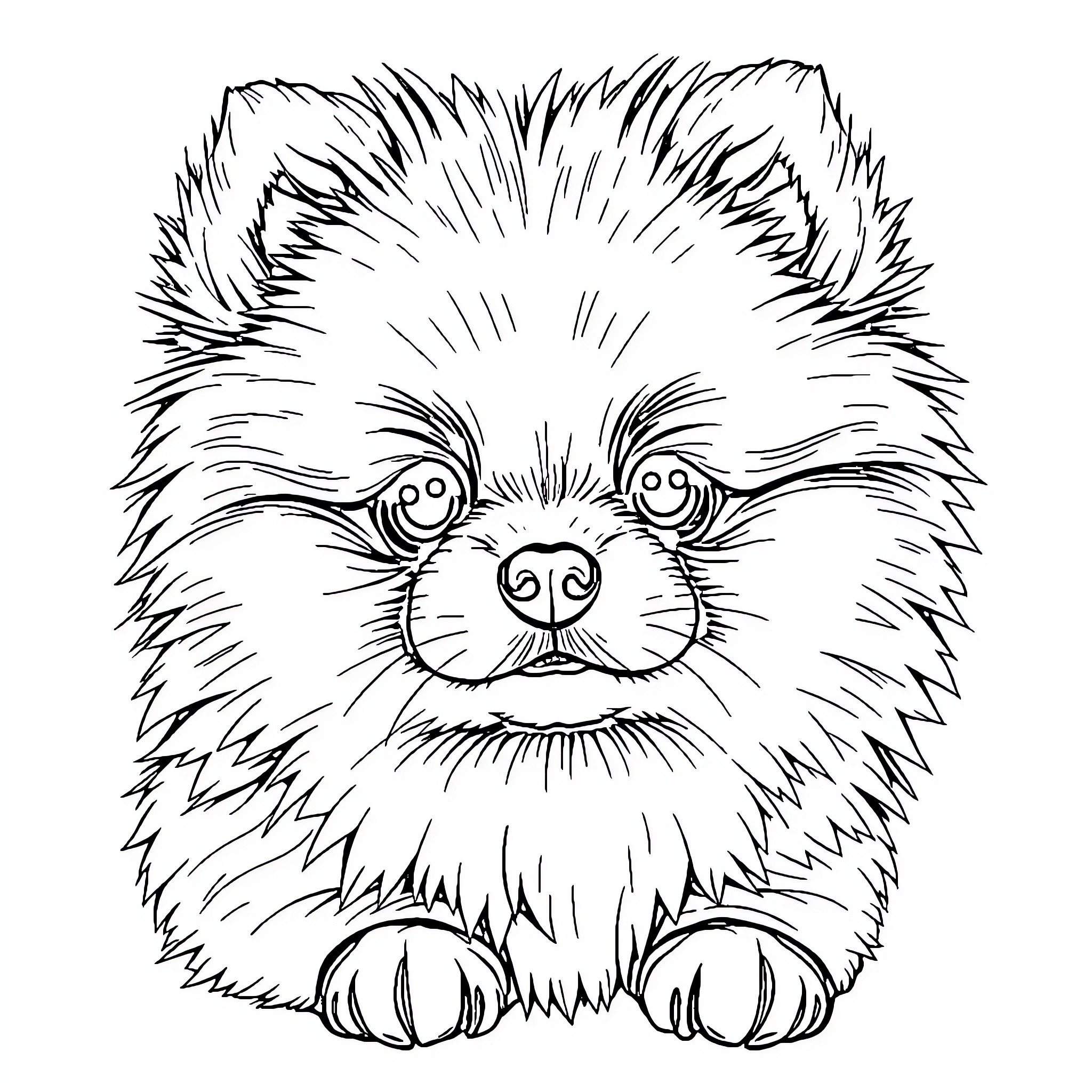 Pomeranian with expressive eyes and furry appearance Coloring Page (free black-and-white line drawing printable PDF for all, from beginners to advanced learners, including children, teens, adults, and seniors)