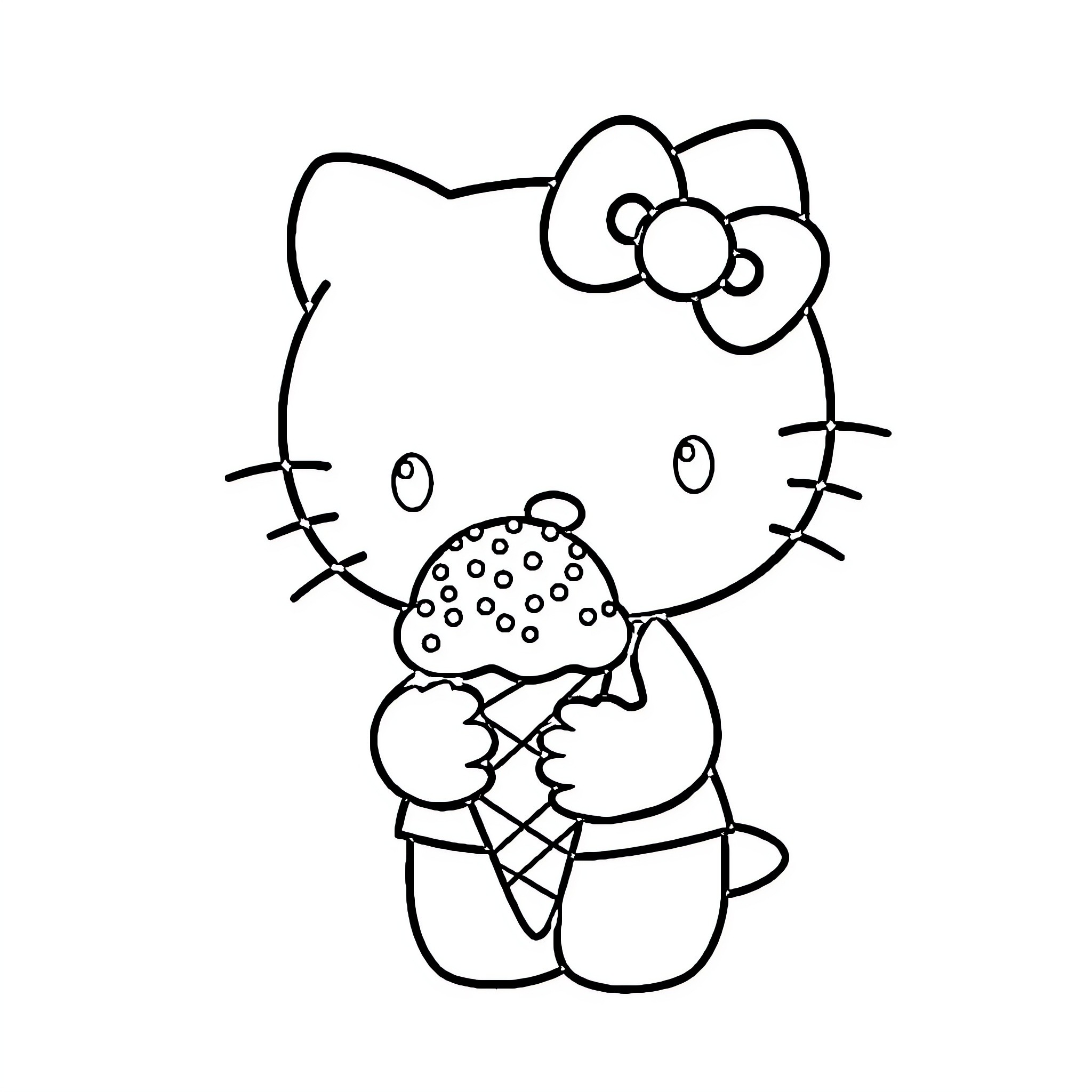Hello Kitty enjoying an ice cream treat Coloring Page (free black-and-white line drawing printable PDF for all, from beginners to advanced learners, including children, teens, adults, and seniors)