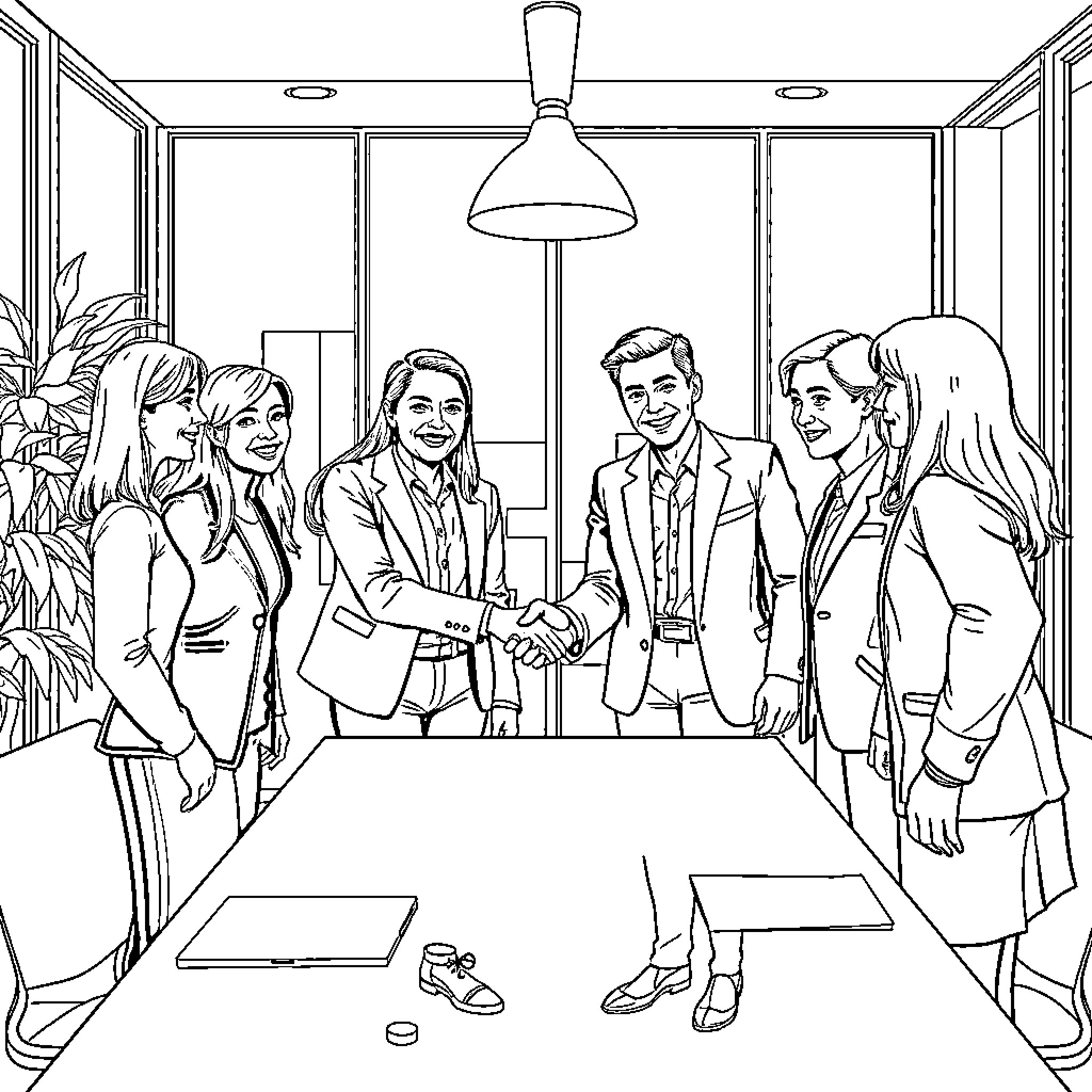 Colleagues shaking hands during business meeting Coloring Page (free black-and-white line drawing printable PDF for all, from beginners to advanced learners, including children, teens, adults, and seniors)