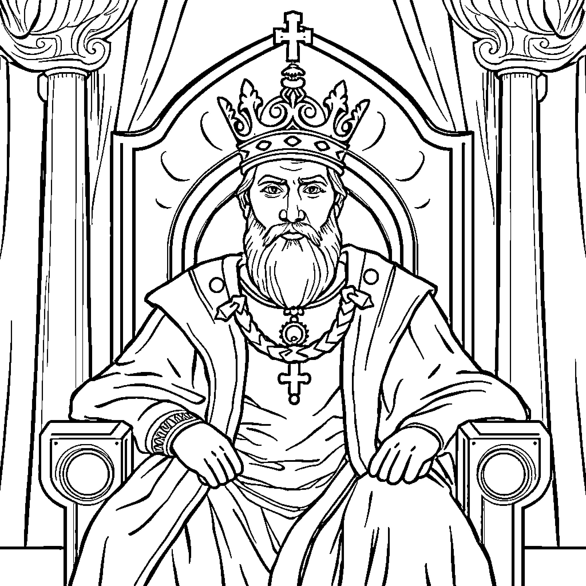 King Tomislav Sitting on Throne in Royal Regalia Coloring Page (free black-and-white line drawing printable PDF for all, from beginners to advanced learners, including children, teens, adults, and seniors)
