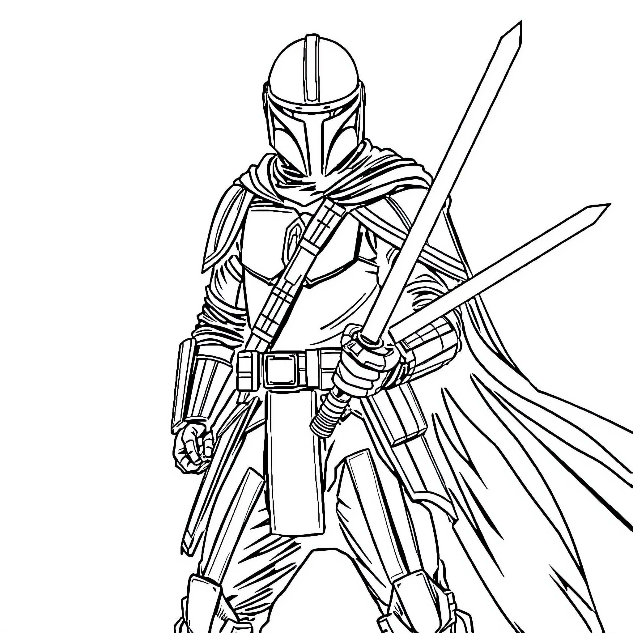 Mandalorian warrior with blasters and cape Coloring Page (free black-and-white line drawing printable PDF for all, from beginners to advanced learners, including children, teens, adults, and seniors)